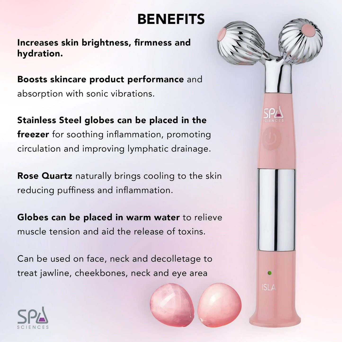 Spa Sciences ISLA Ice + Heat Contouring Roller (Face, Neck, and Décolletage) - Including Steel + Bonus Genuine Rose Quartz Globes