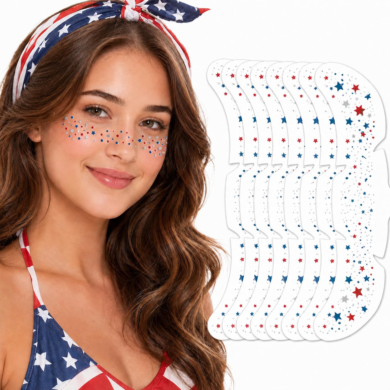 Artlunar 8 Pcs Red White Blue Star Freckle Stickers with Silver Glitter Powder for Face, 4th of July Glitter Face Stickers for Women Kids, Patriotic
