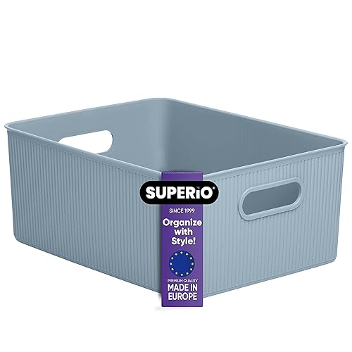 Superio Ribbed Collection - Decorative Plastic Open Home Storage Bins Organizer Baskets, Large Blue (1 Pack) Container Boxes for Organizing Closet…