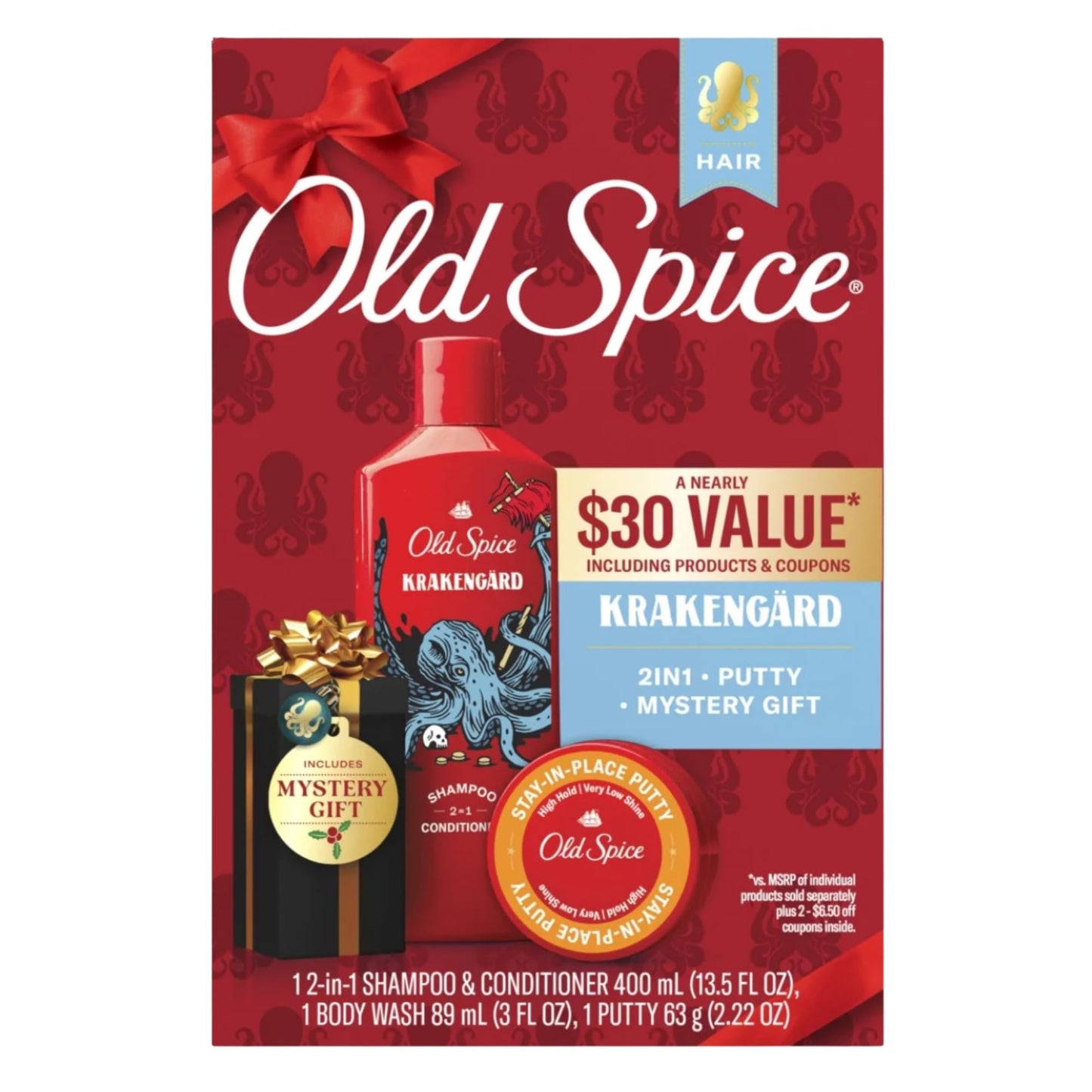 Old Spice Holiday Gift Set, 2-in-1 Shampoo & Conditioner, Body Wash and Hair Pomade (Krakengard)