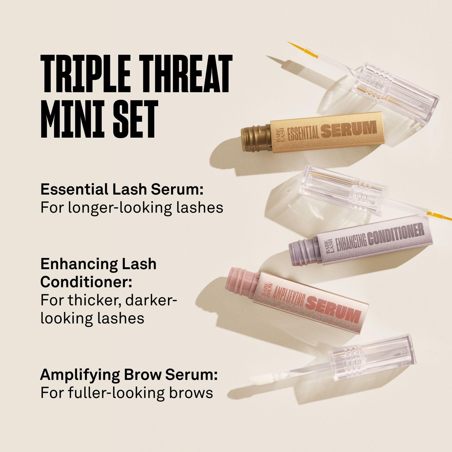 Babe Original Triple Threat Mini Set, Includes Babe Lash Essential Serum & Enhancing Conditioner + Babe Brow Amplifying Serum, 1 mL, 3 Pack