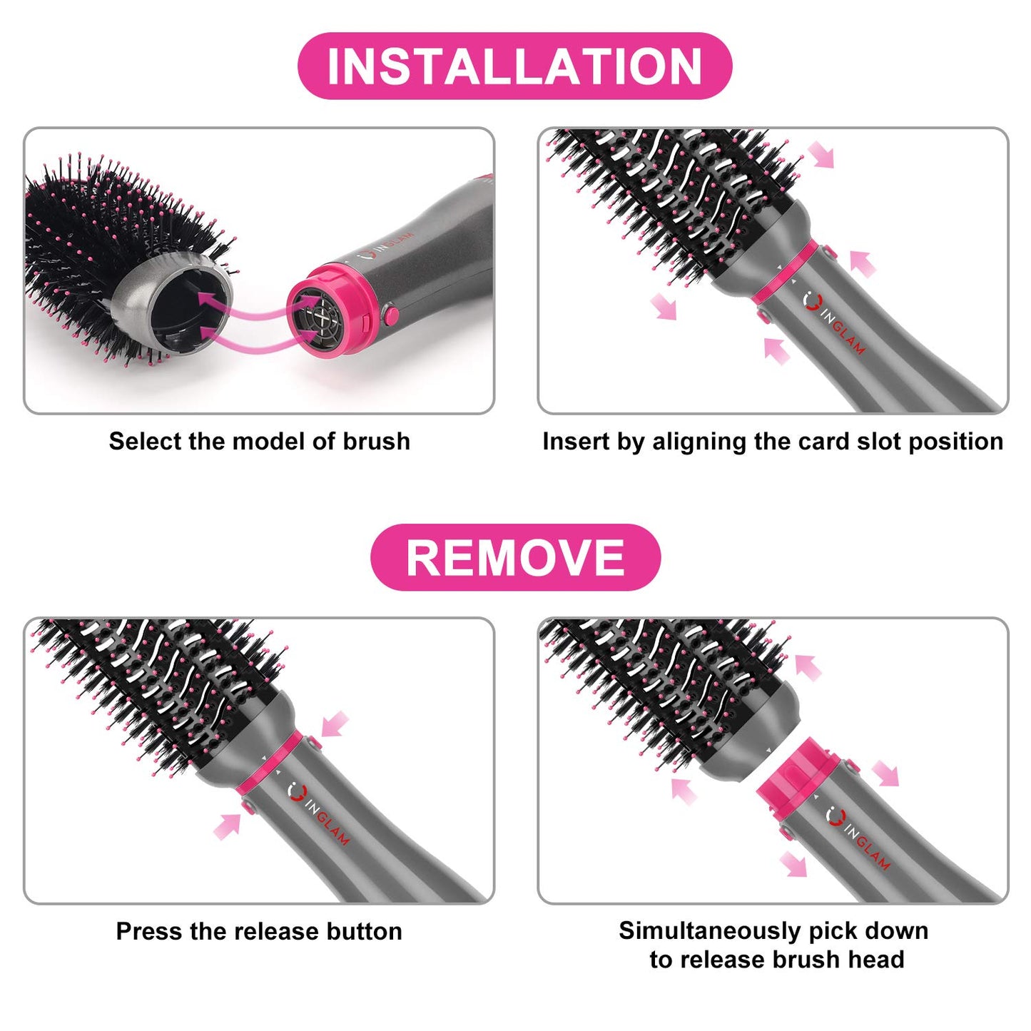 IG INGLAM 4 in 1 Blowout Brush, Negative Ion Detachable Hair Dryer & Styler Volumizer Hot Air Brush with 2 Styling Brush Heads, Silver