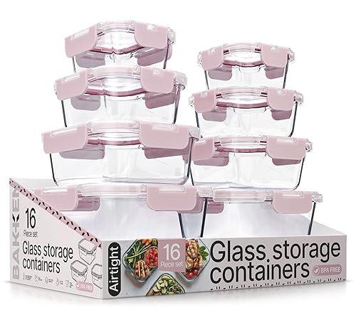 Bakken Borosilicate Glass Food Storage Containers with Lids 16 Pieces, BPA-Free Stackable Lunch & Leftover Containers, Microwave, Freezer…