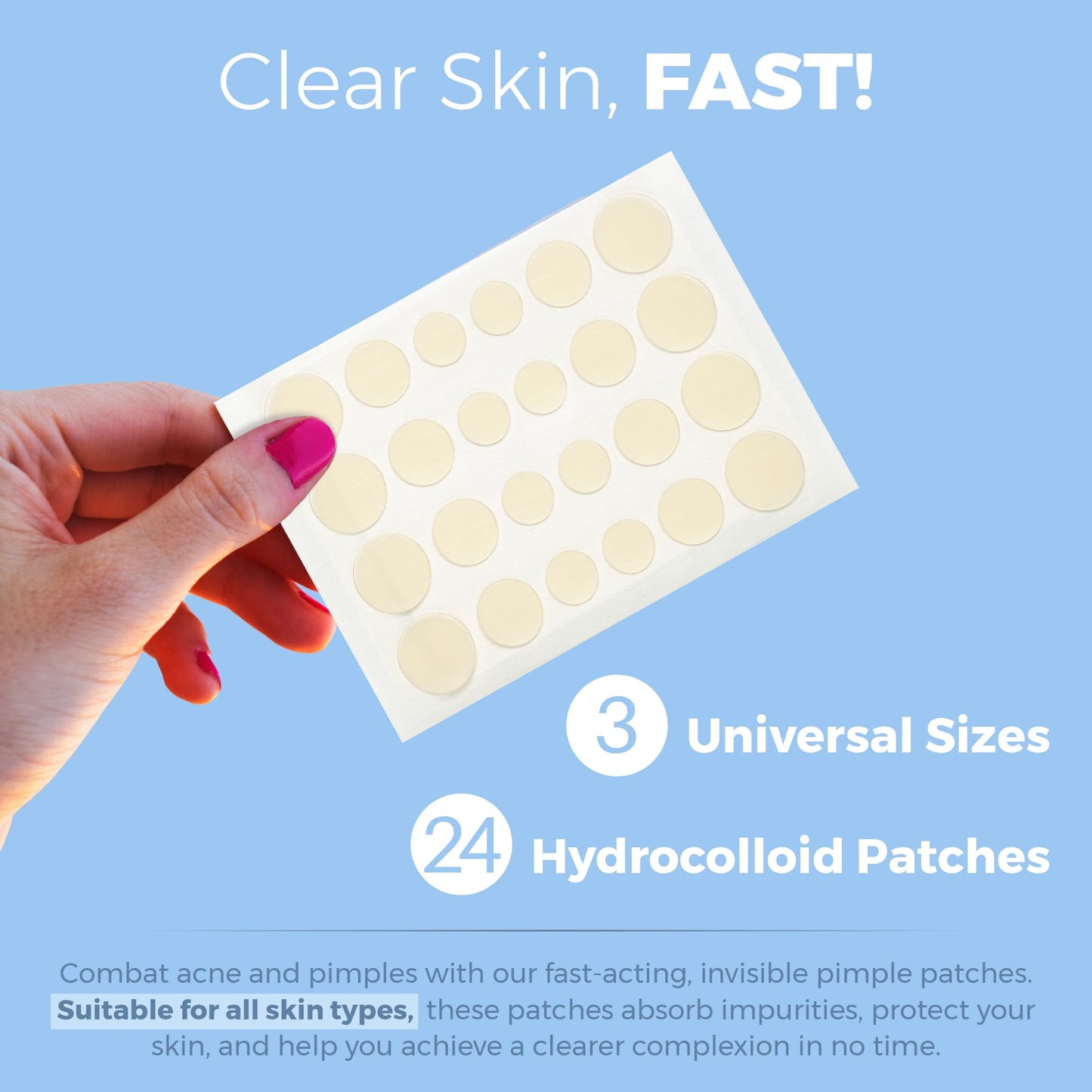 Acne Patches for Face - Hydrocolloid Bandages (24 Count) Pimple Patches for Face in 3 Universal Sizes, Acne Spot Treatment Care for Face & Skin Spot