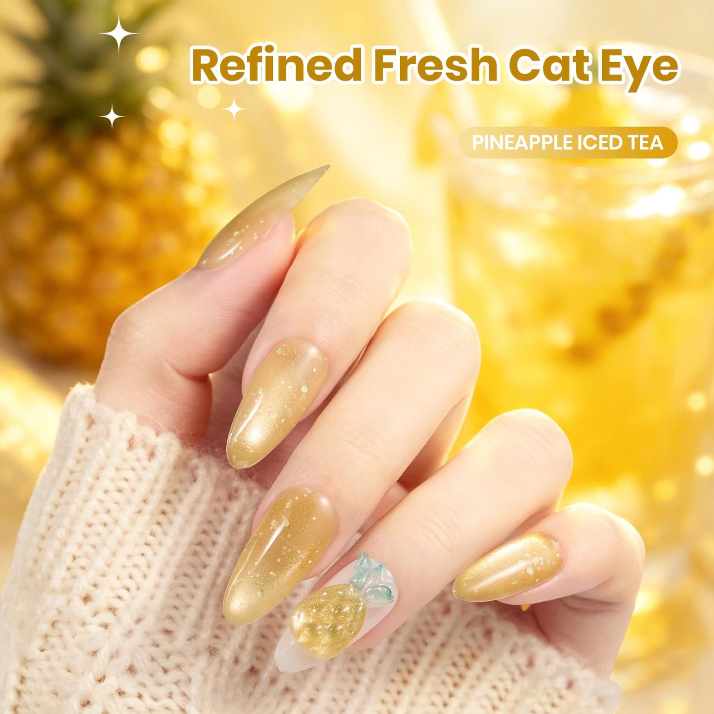 Beetles Pineapple Iced Tea Yellow Cat Eye Gel Nail Polish - 9ML Glitter Yellow Cat Eye Spring Gel Polish Magnetic Shimmer Effect Soak Off UV Nail Art Beauty and Personal Care beetles Gel Polish