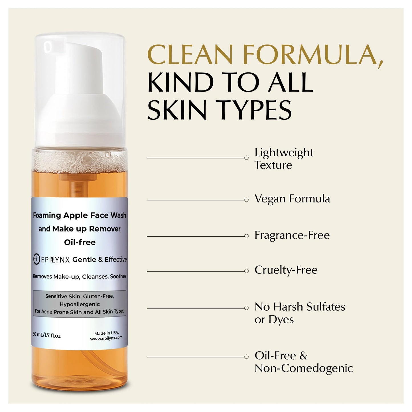 Epilynx Vegan Foaming Facial Cleanser - Makeup Remover Face Wash for Acne Prone, Dry, and Sensitive Skin - Oil-Free, Clean, and Soft Face Cleanser