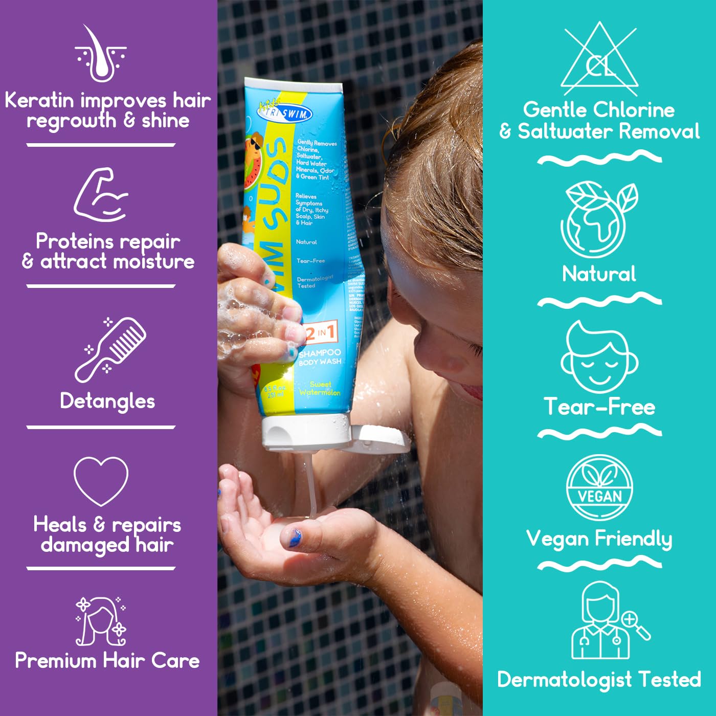 TRISWIM Kids Swim Suds & Conditioner Set 8.5 fl oz each | Natural Tear-Free 2-in-1 Shampoo Chlorine Removal & Body Wash with Detangler - Gentle Hair