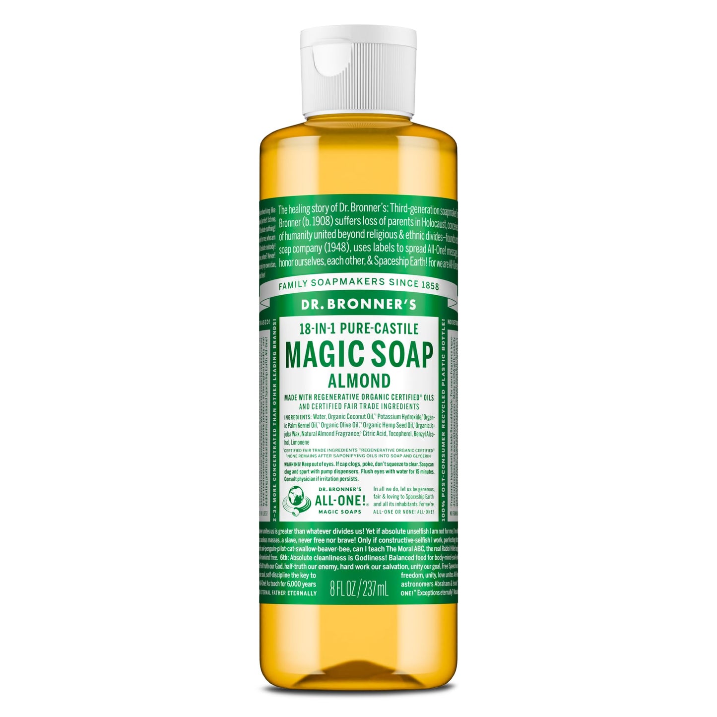 Dr. Bronner's Pure-Castile Magic Soap Liquid (Almond, 8 Ounce) - Made with Regenerative Organic Certified Oils, 18-in-1 Uses: Face, Body, Hair