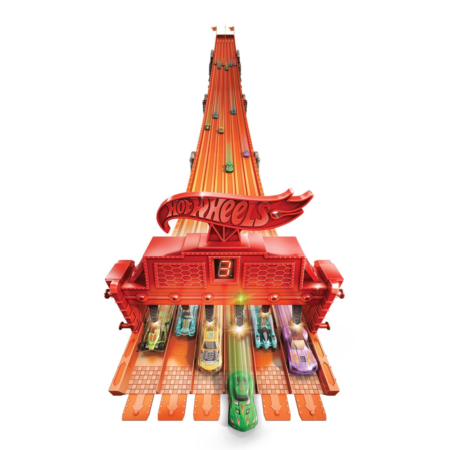 Hot Wheels Toy Car Track Set with Lights, Sounds & 6 1:64 Scale Vehicles, Super 6-Lane Raceway, 8-foot Track that Rolls Up for Storage (Amazon…