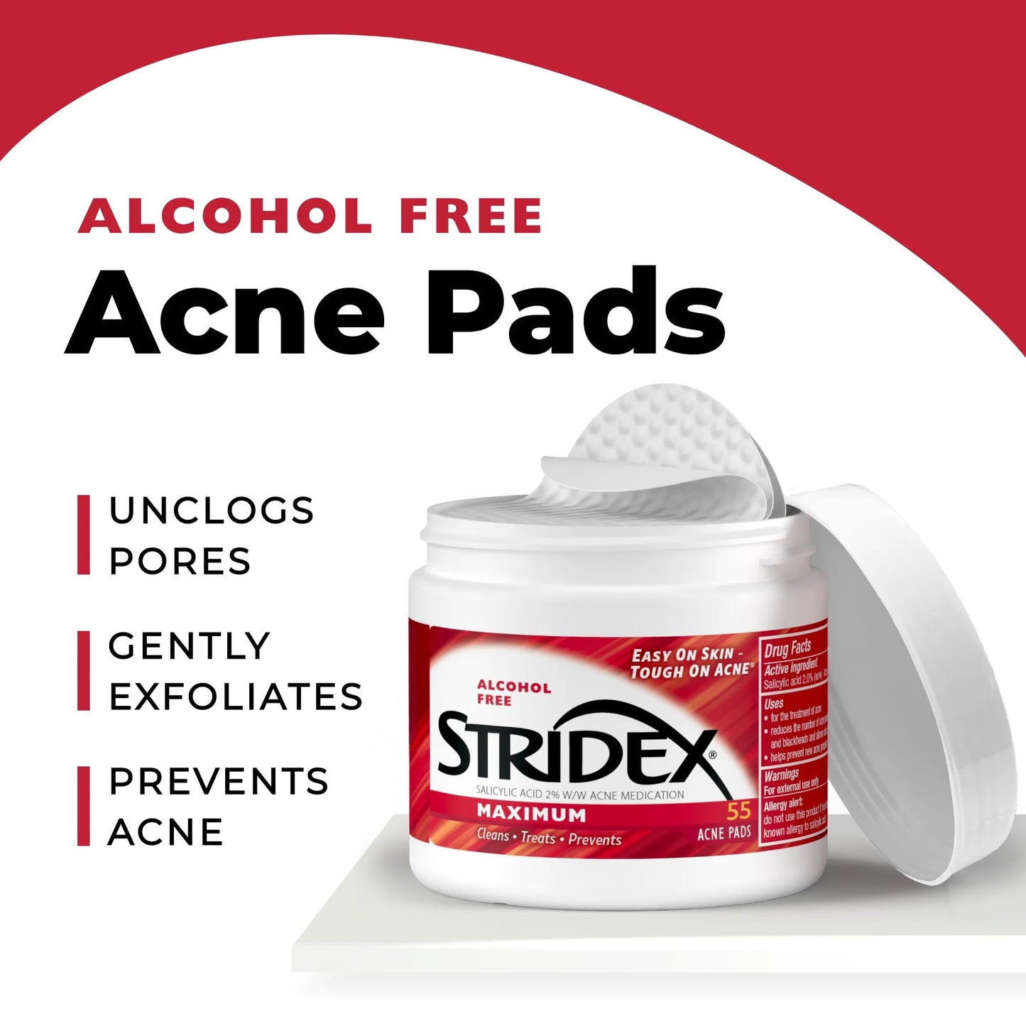 Stridex Medicated Acne Pads, Maximum, 55 Count - Facial Cleansing Wipes, Alcohol Free, Acne Treatment for Face, For Moderate Acne, Smooth Application Beauty and Personal Care Stridex