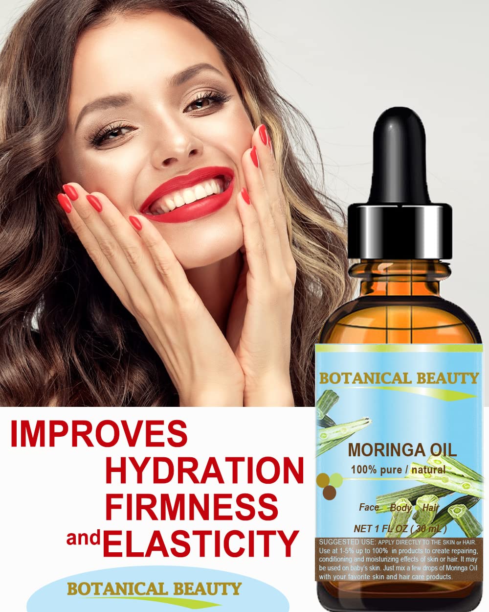 Botanical Beauty Moringa Oil 100% Pure Natural Undiluted Cold Pressed Carrier Oil for Face Skin, Hair, Lips, Nails. Rich in Vitamin C, Vitamin E (0.5