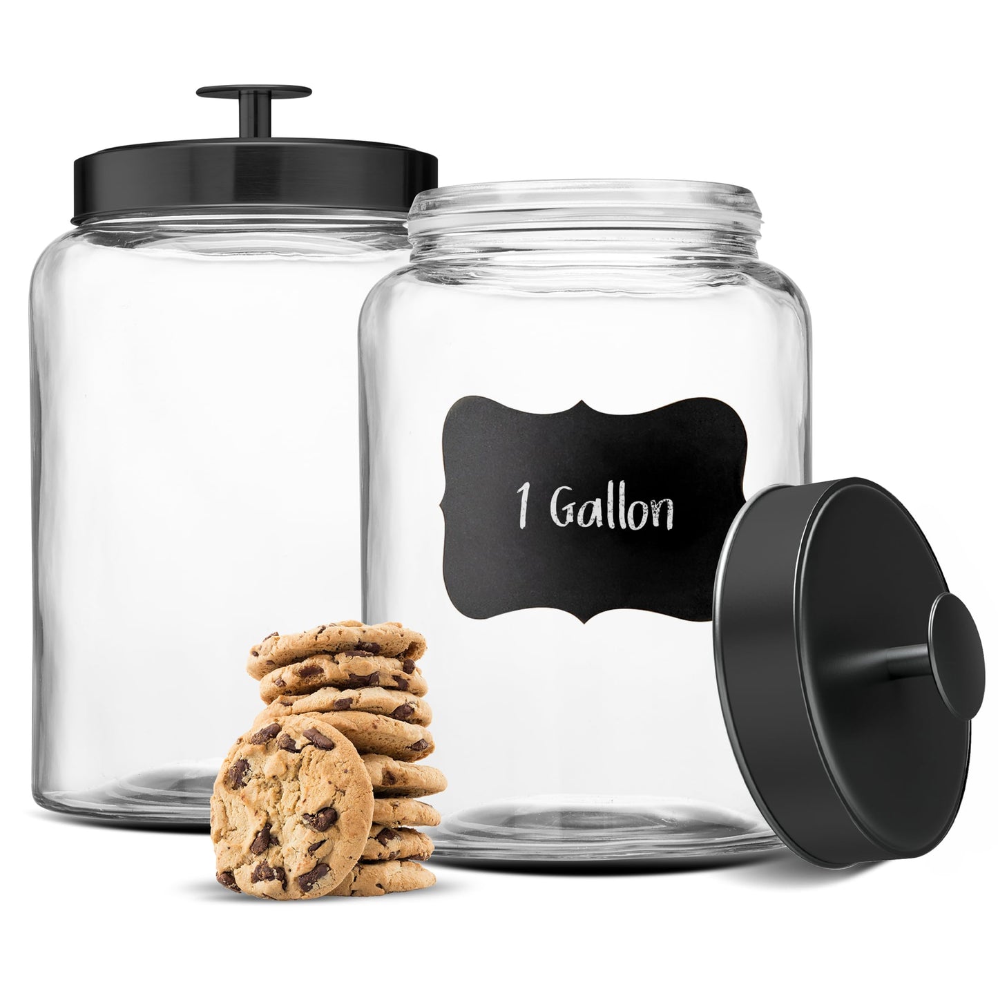 KooK Glass Storage Containers with Lids, Glass Jar with Lid, 1 Gallon, Set of 2, Glass Canister, Storage, Laundry, Kitchen Jar, (Circular, Black)