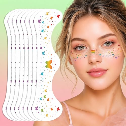 Artlunar 8Pcs LGBTQ Pride Face Freckles Tattoos, Rainbow Butterfly Temporary Tattoos with Silver Glitter Powder, Waterproof Face Sparkles for Pride