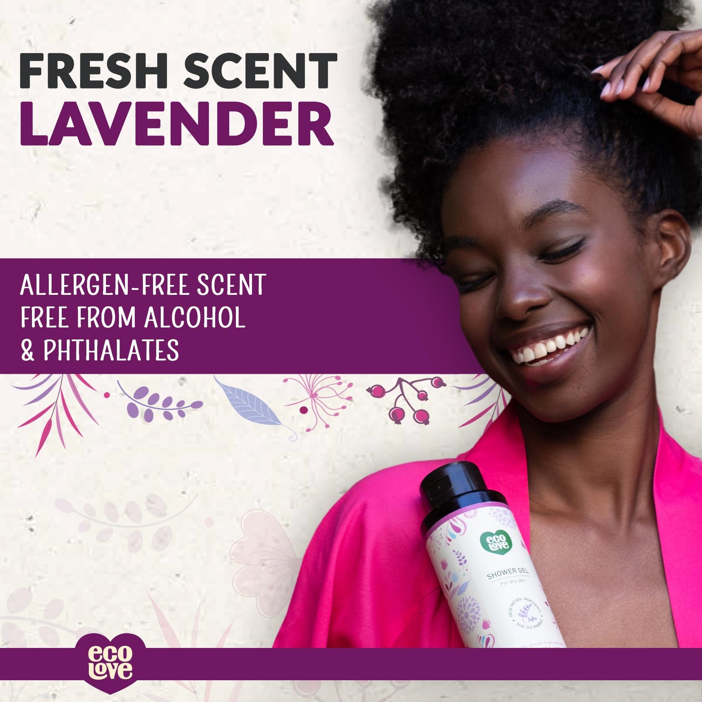 ecoLove - Natural Moisturizing Body Wash for Dry Skin - Organic Blueberry, Grape & Lavender - No SLS or Parabens - Vegan and Cruelty-Free Shower Gel