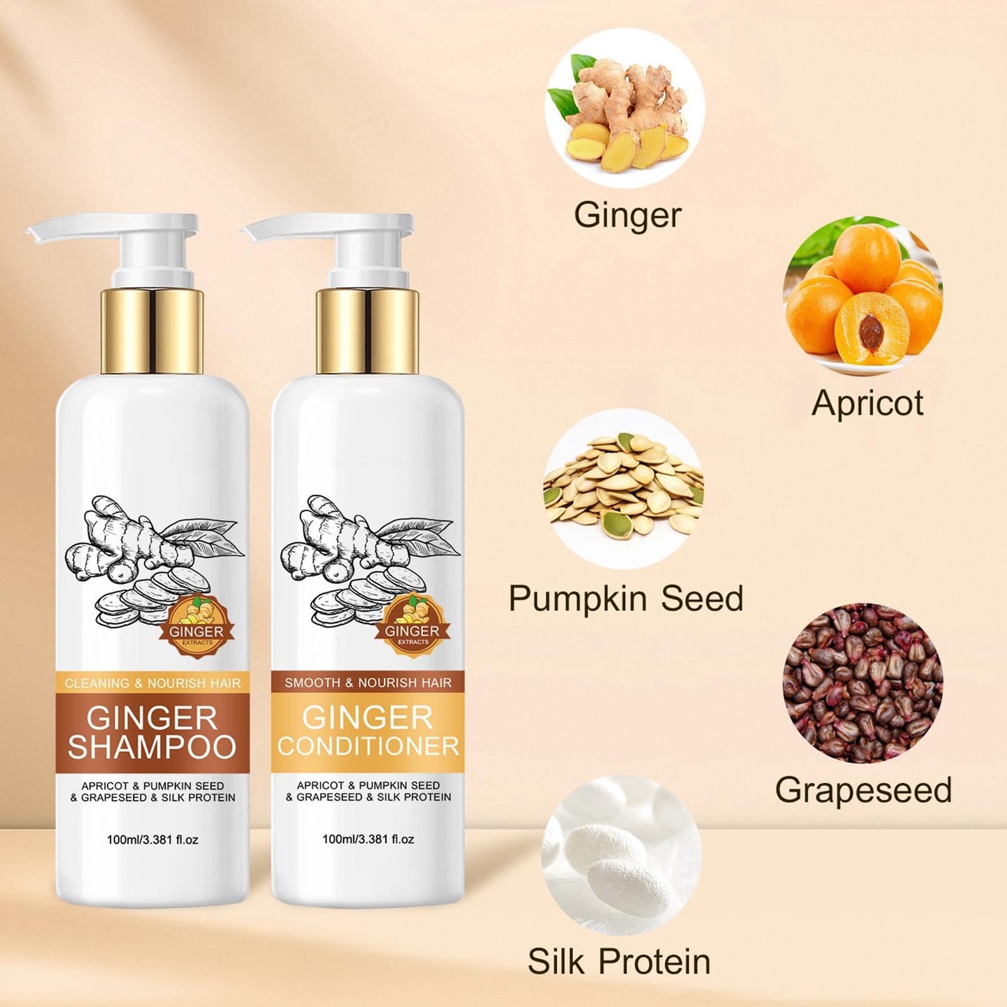 Ginger Hampoo & Treatment Set, Strengthening & Damage Repair, Vibrancy Protecting Shampoo, Thicker and Longer Hair - Soft and Shine, for Thinning