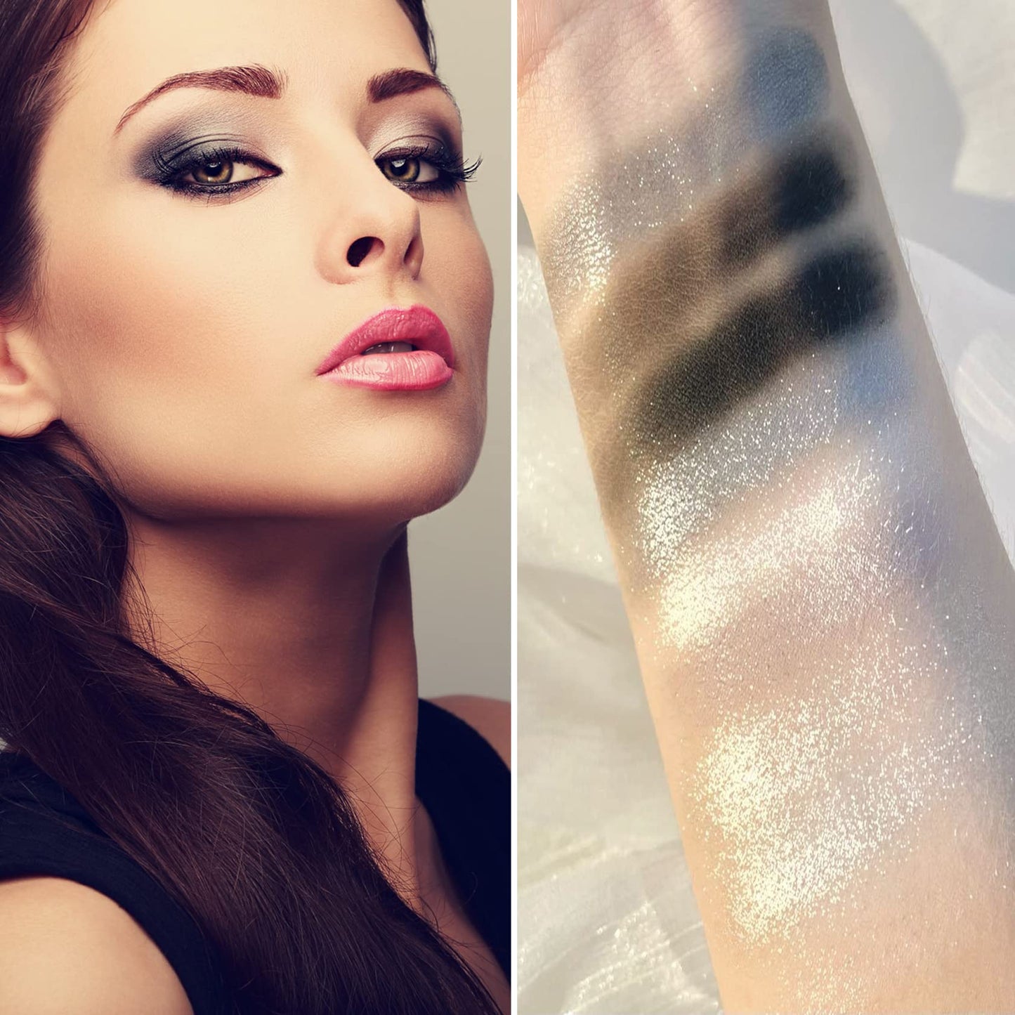 Black Smoky Eyeshadow Palette - Silver Shimmer, Grey, Gold, Brown - 9 Colors - Glitter & Matte Finish - Long Lasting, Waterproof - Pearl Eye Shadow