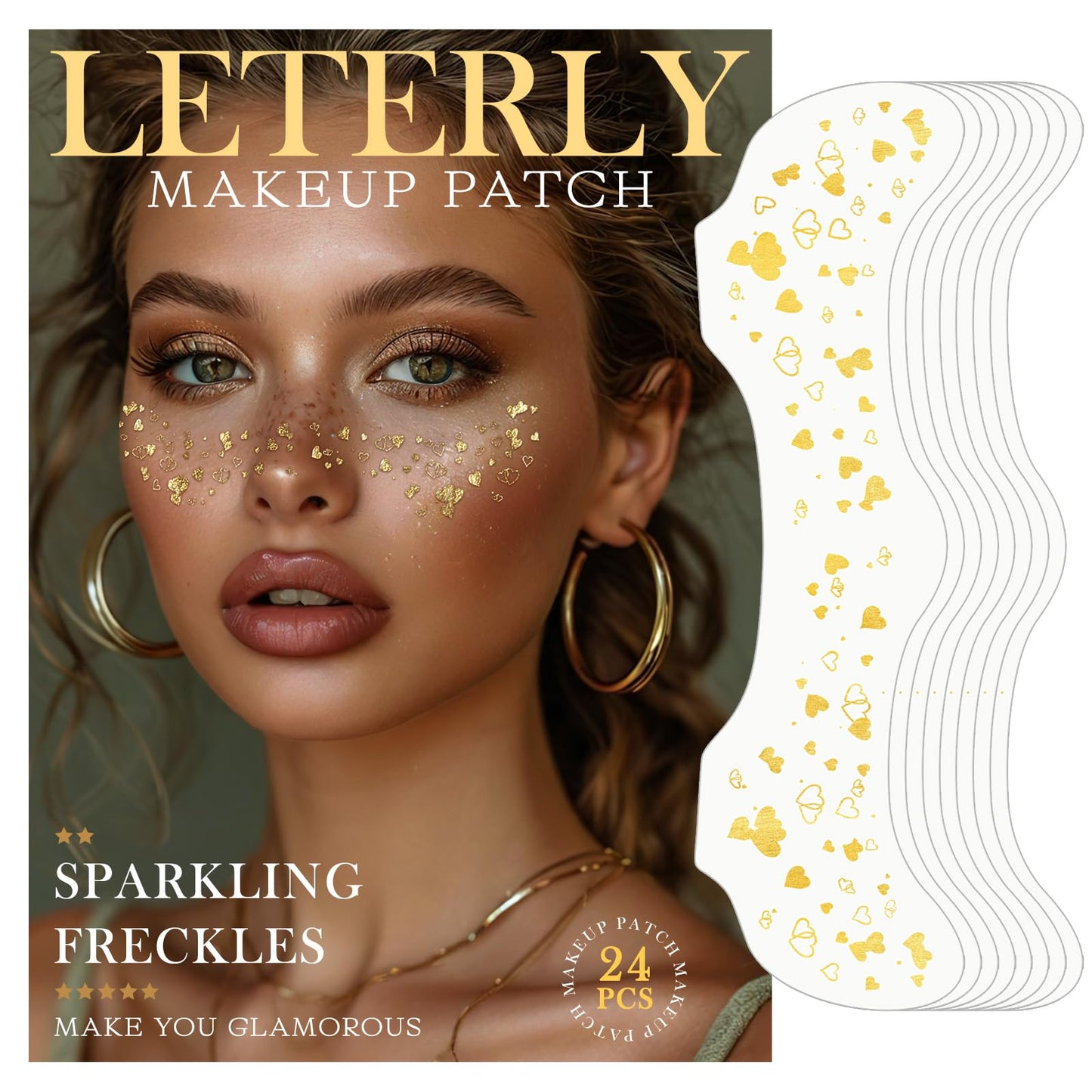 Leterly 24 Pcs Glitter Freckles Face Tattoo,Gold Face Glitter Makeup Patches Cute Sparkle Freckles Patches Waterproof Makeup Speckles for Face