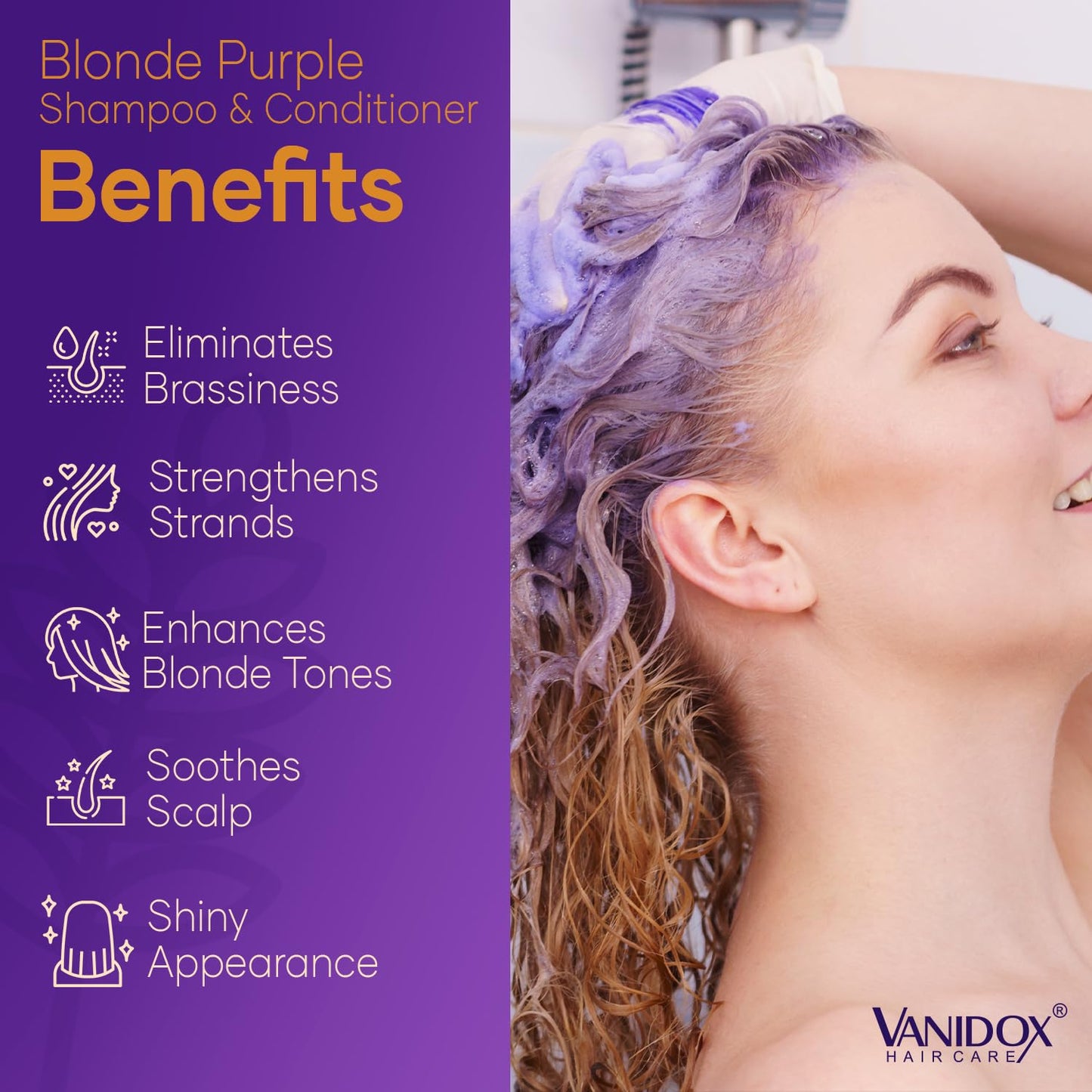 VANIDOX Sulfate Free Brass Toning Purple Shampoo and Conditioner Set for Blondes, Brown Highlighted, or Bleached Hair, Shampoo for Blondes Infused
