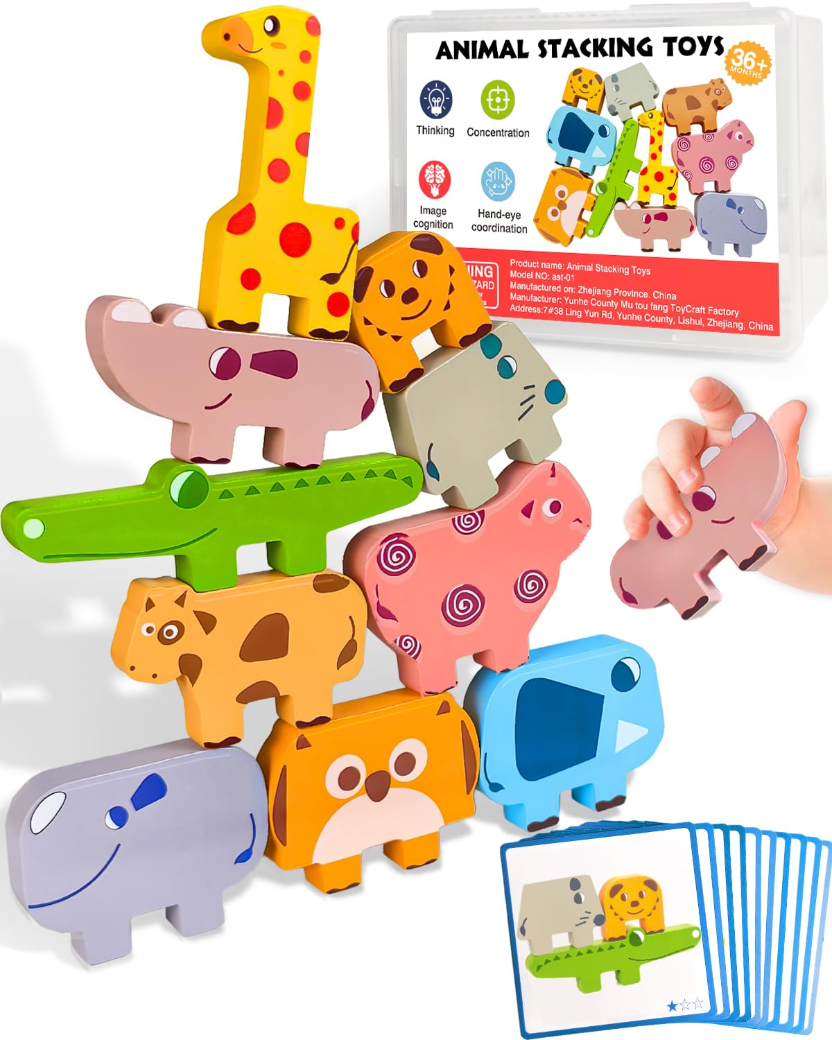 Montessori Toys 10pc Wooden Animal Blocks – Sorting & Stacking Puzzles for Toddlers Ages 1-4, Educational Birthday Gift for Boys & Girls