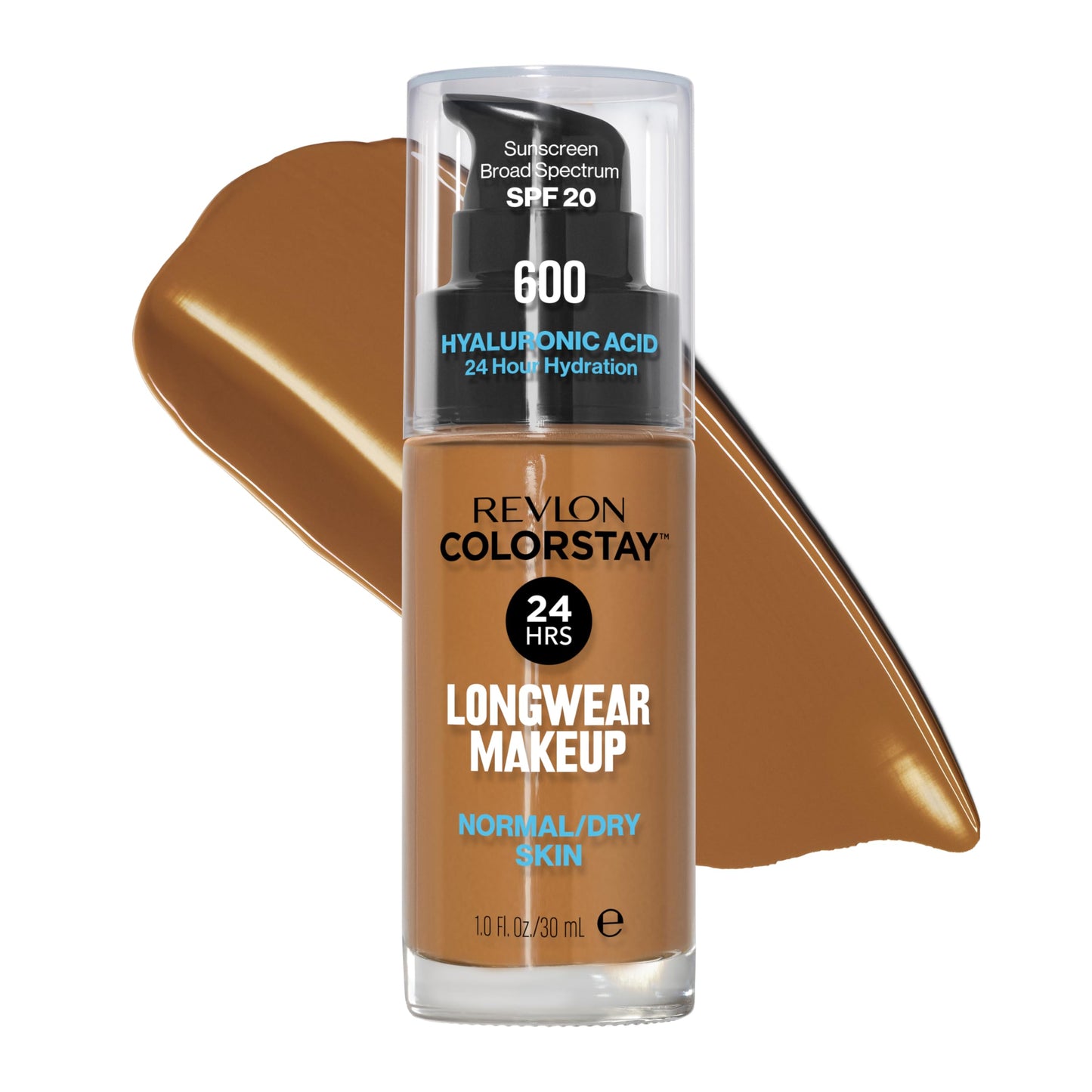 Revlon Liquid Foundation, ColorStay Face Makeup for Normal & Dry Skin, SPF 20, Longwear Medium-Full Coverage with Natural Finish, 600 Cinnamon, 1 Fl