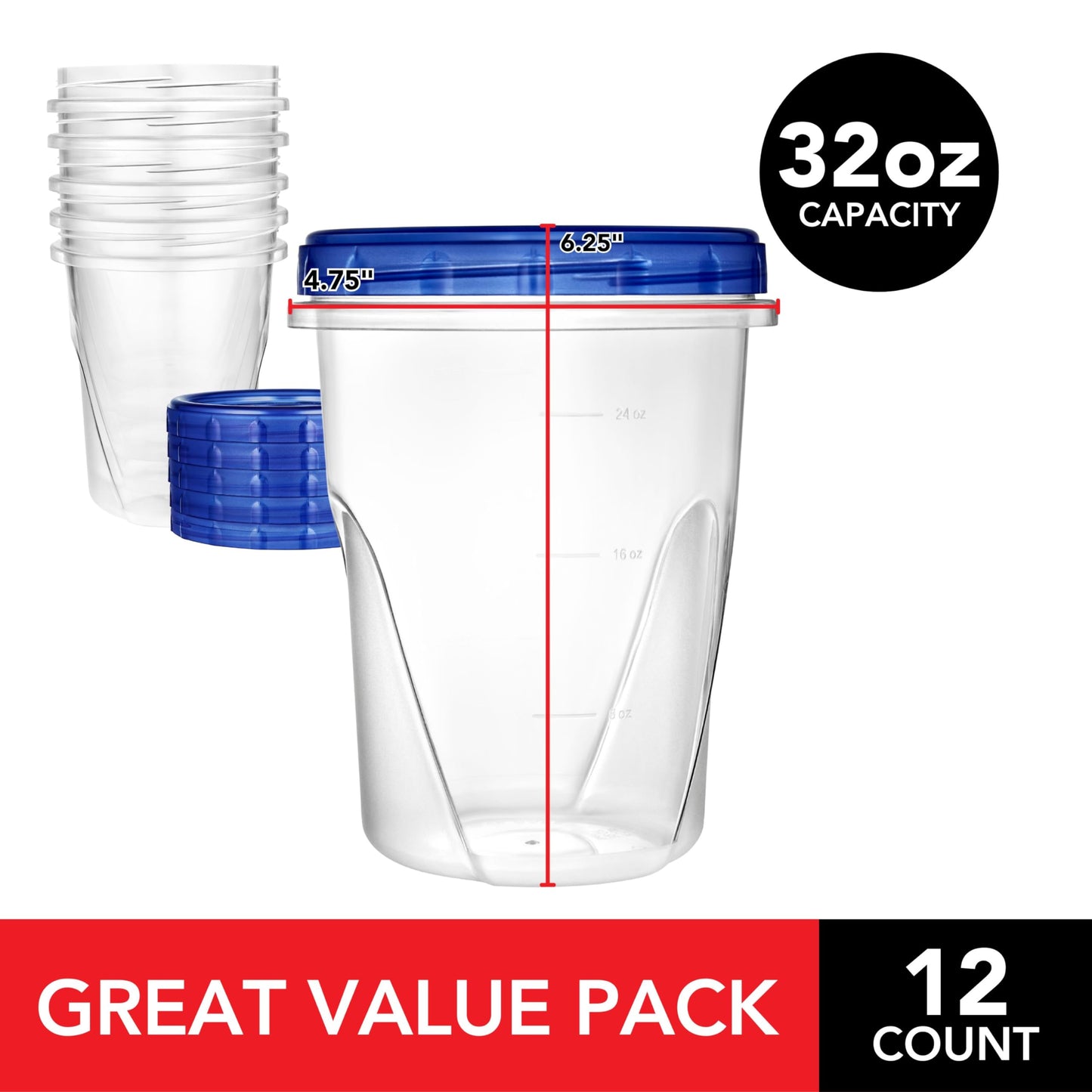 Stock Your Home 32 oz Plastic Containers with Twist Top Lids (12 Pack), Quart Freezer Containers for Leftover Food, Airtight Reusable Soup…