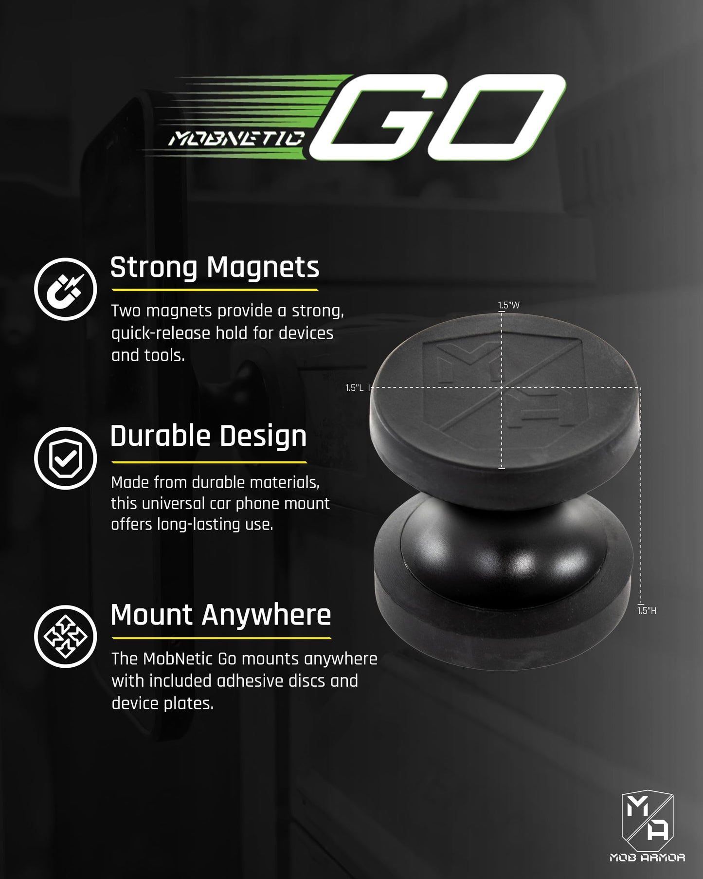 Mob Armor MobNetic Go Magnetic Phone Car Holder with Metal Plate - Strong Magnetic Base, Aircraft Grade Aluminum, Car Dashboard & Metal Surface…