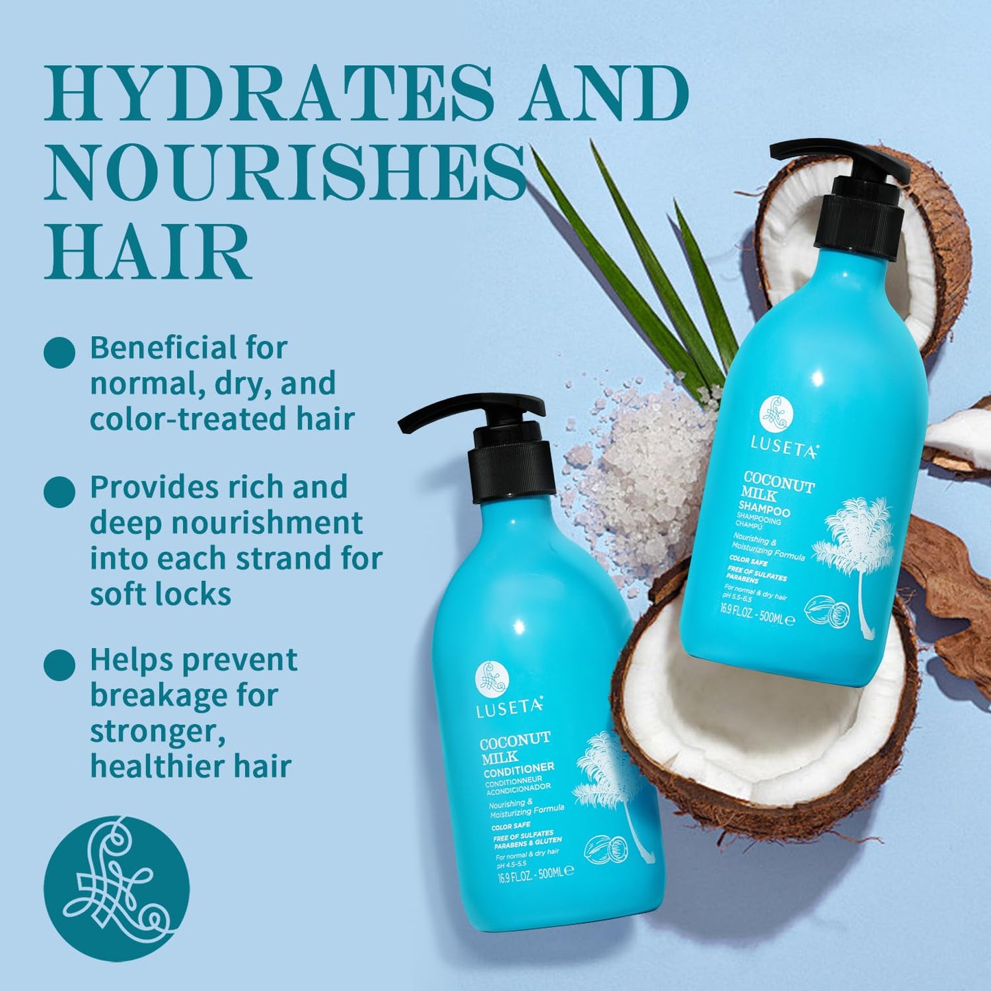Luseta Coconut Oil Shampoo and Conditioner Set - with Argan, Avocado & Almond Oil - Moisturizing, Frizz Control & Split End Repair Sulfate Free, Color