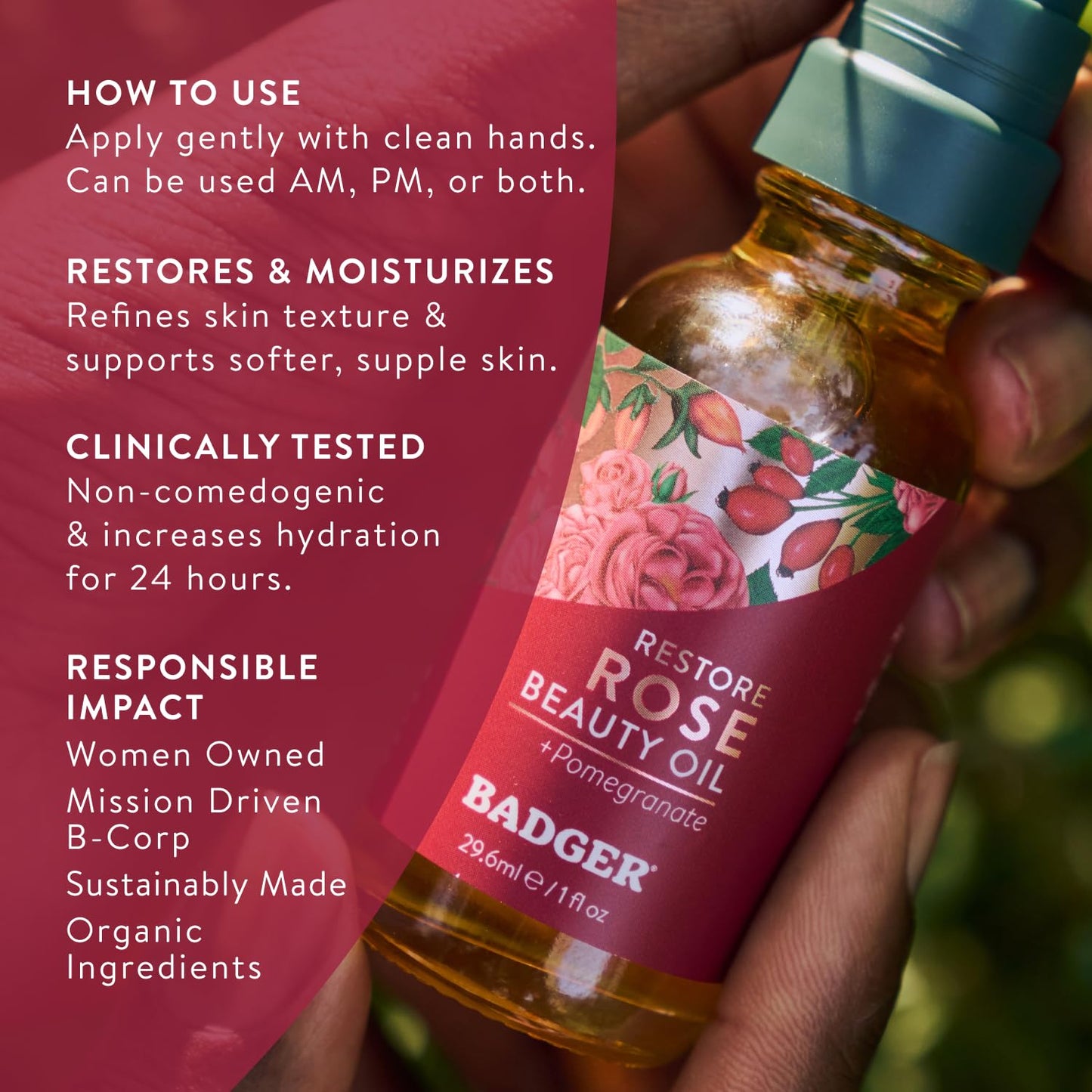 Badger Rose Face Oil, 100% Organic Face Moisturizer, Nourishing & Soothing Organic Jojoba Oil & Rose Oil, Vegan Antioxidant Rich Moisturizing Facial