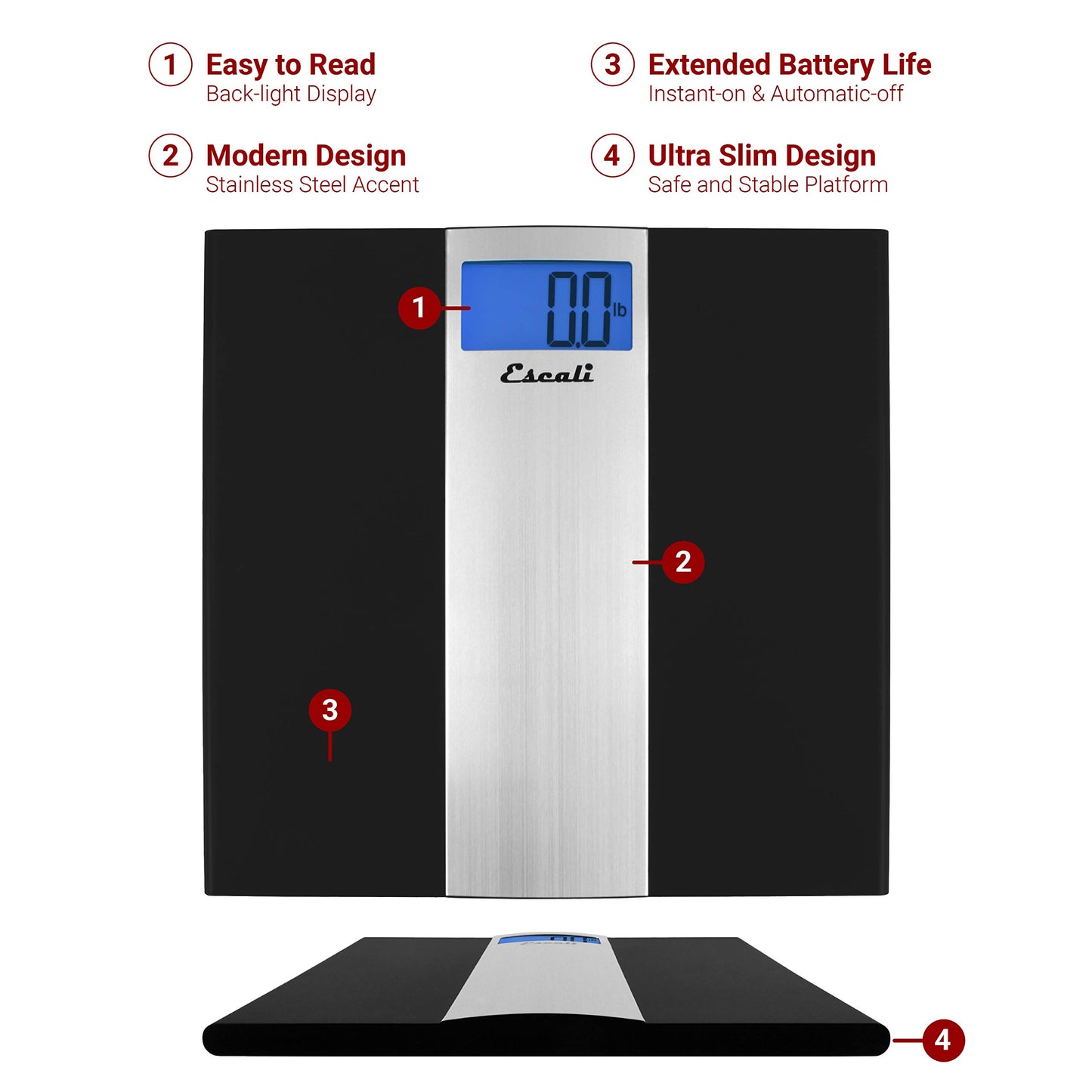 Escali Ultra Slim Digital Bathroom Scale for Body Weight, Bath Scale, High Capacity of 400 lb, Batteries Included