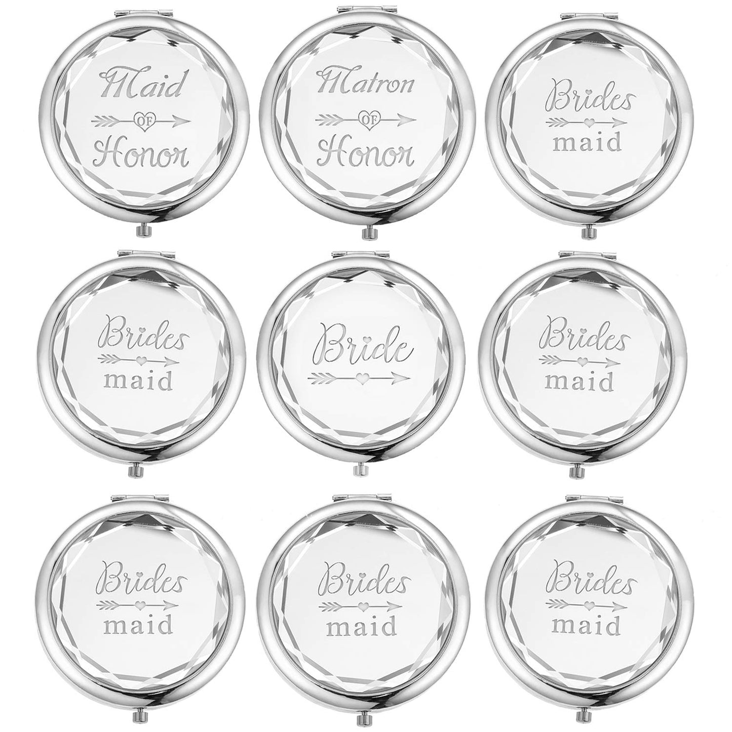 Pack of 9 Compact Pocket Makeup Mirrors Set - Include 1 Bride, 1 Maid of Honor, 1 Matron of Honor and 6 Bridesmaid Mirrors - Wedding Bridesmaid