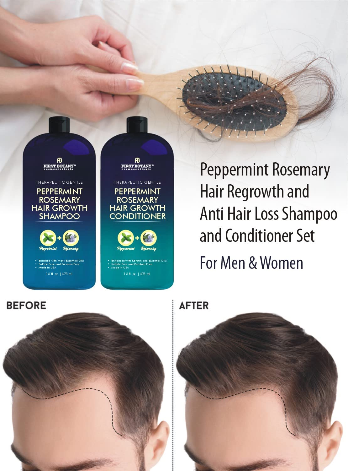 First Botany, Peppermint Rosemary Hair Regrowth and Anti Hair Loss Shampoo and Conditioner Set - Daily Hydrating, Detoxifying, Volumizing Shampoo