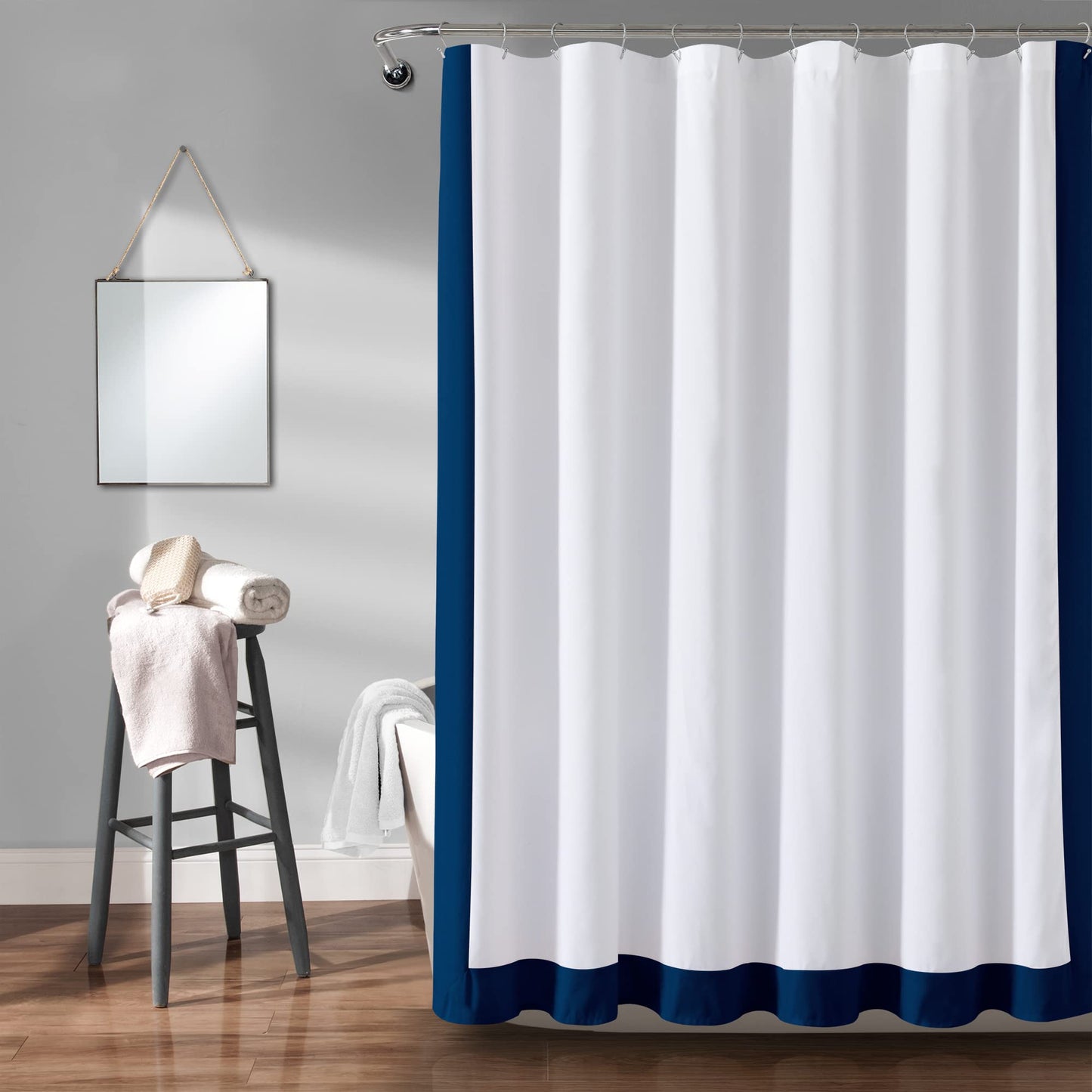 Lush Decor Block Border Shower Curtain, 72" x 72", White & Navy