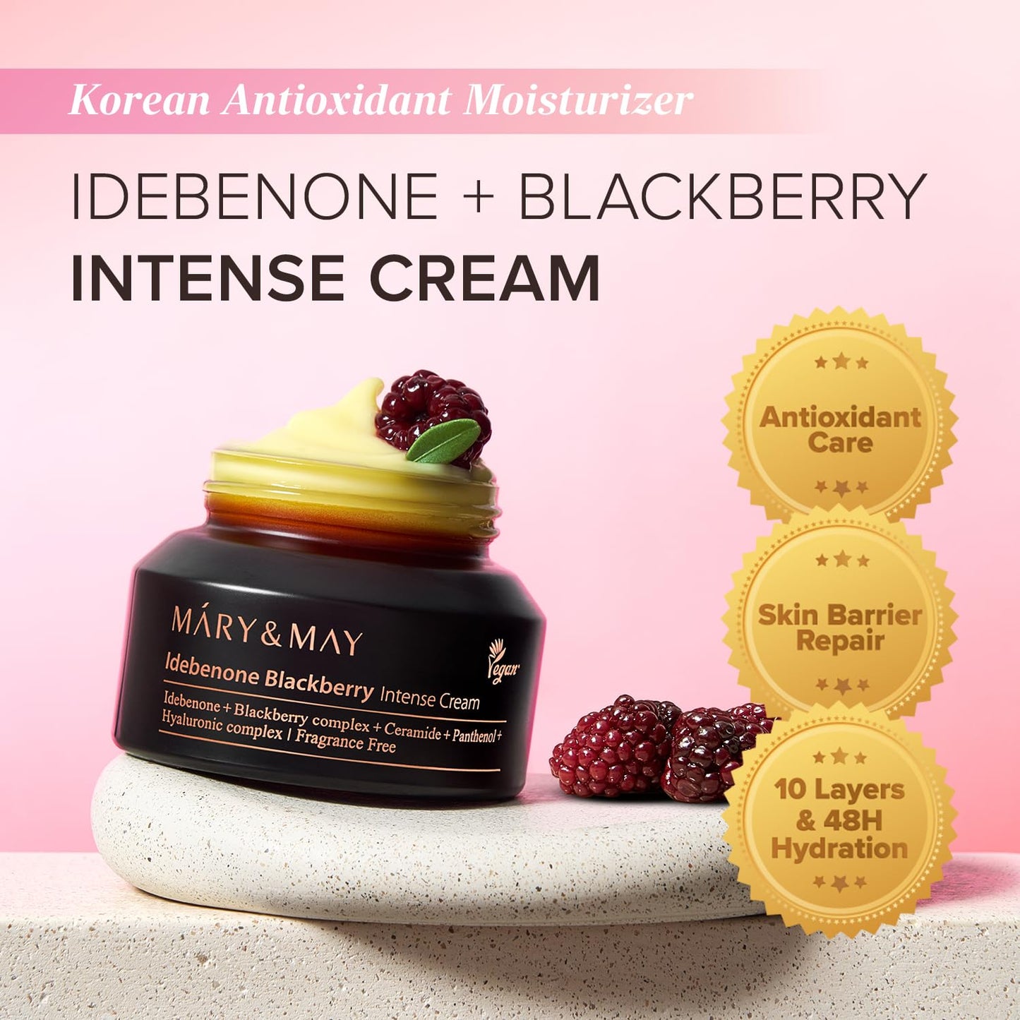 Mary&May Idebenone Blackberry Cream (4x Vitamin C Power) - Anti-Aging Moisturizer for Dry & Dull Skin, 63% Berry Complex & 5 Ceramides, 48H Hydration
