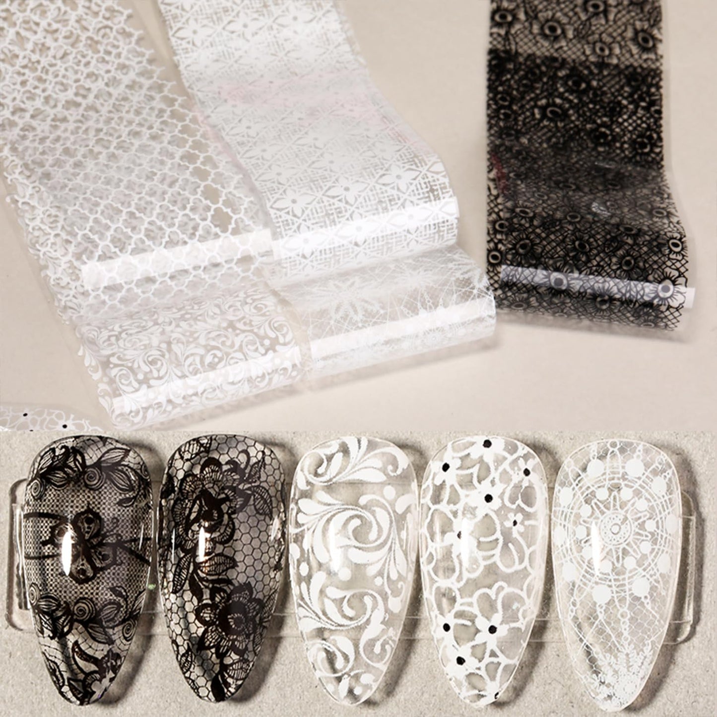 SILPECWEE 20 Rolls Lace Nail Foil White and Black Nail Transfer Foil Flower Nail Art Foils Decals Holographic Foils for Nails Manicure Stickers Beauty and Personal Care SILPECWEE