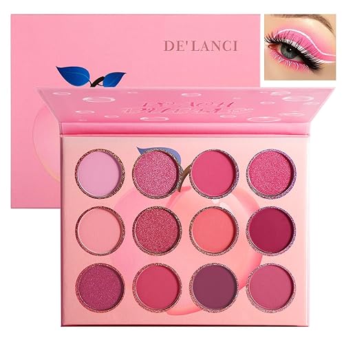 Pink Eyeshadow Palette,12 Colors Peach Matte & Shimmer Highly Pigmented Pink Mini Makeup Eyeshadow Pallet, Warm Natural Blendable Long Lasting