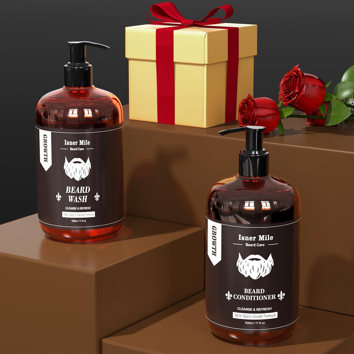 ISNER MILE Beard Wash & Conditioner Set for Men - 17 oz Shampoo with Biotin, Argan & Jojoba Oils for Smooth, Soft, and Strengthened Beard - Sandalwood