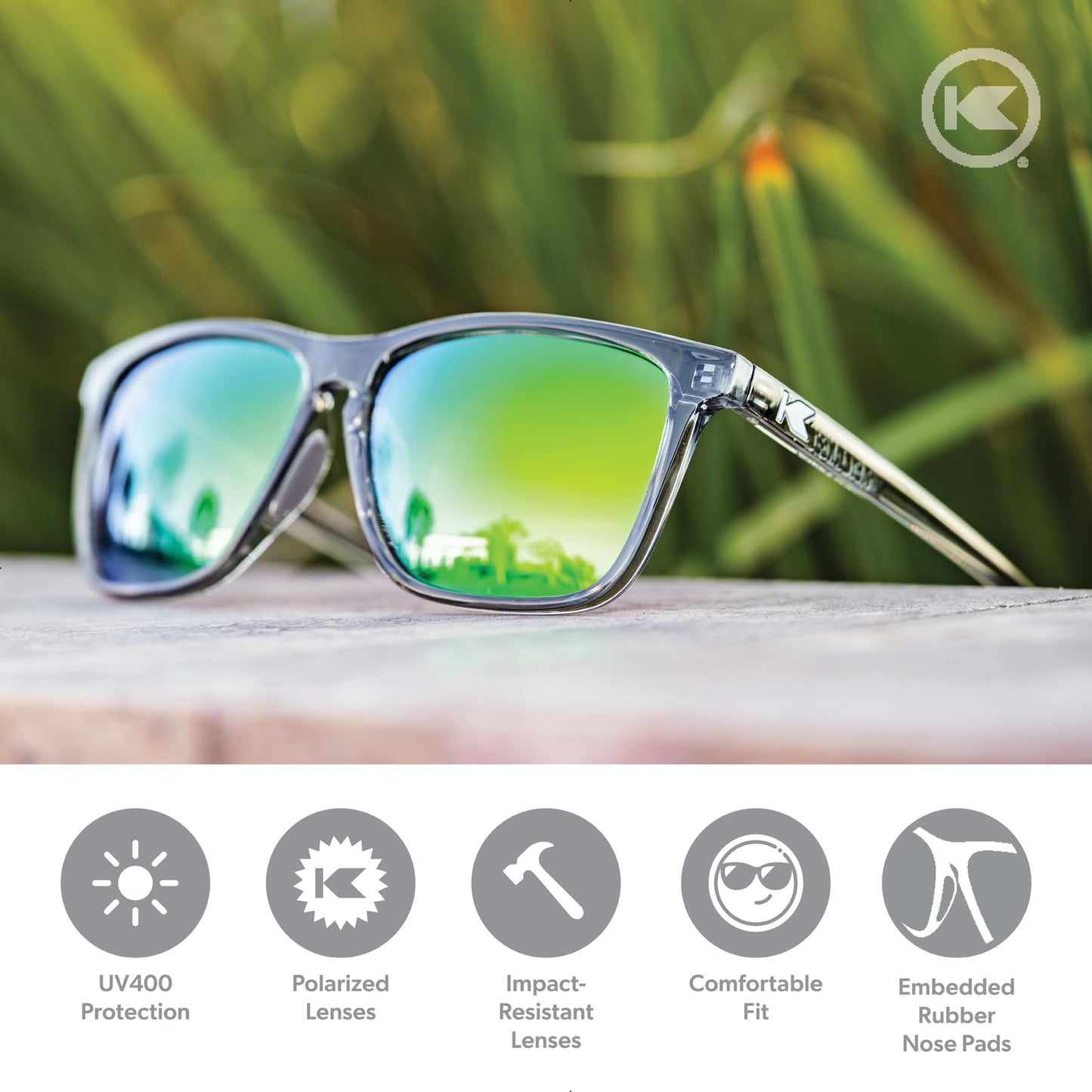 Knockaround Fast Lanes Sport - Polarized Running Sunglasses for Women & Men - Impact Resistant Lenses & Full UV400 Protection, Clear Grey Frame/Green