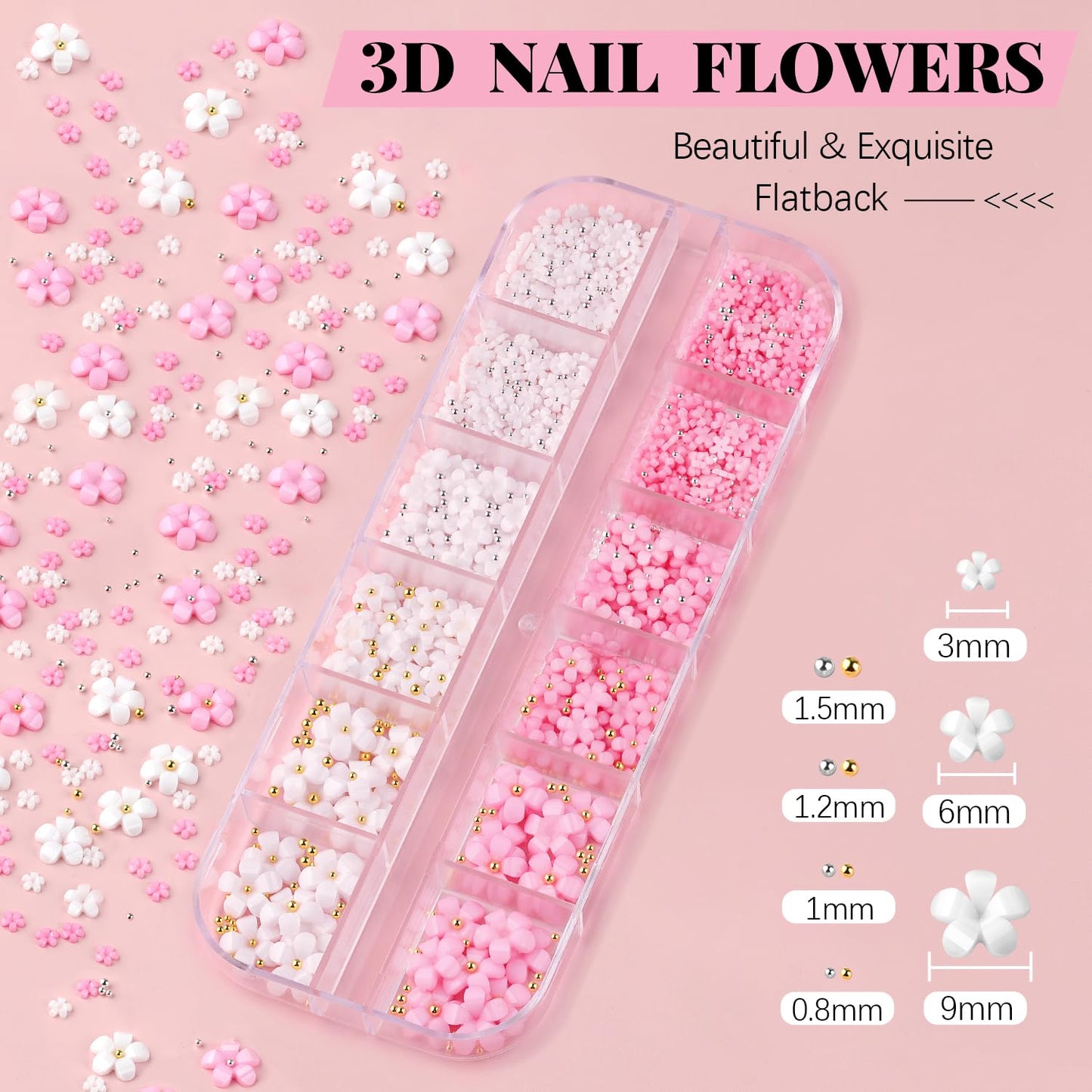 3D Flowers Nail Charms and Gems with Nail Rhinestone Glue Gel, Cute Colorful Acrylic 3D Flowers for Nails with Caviar Beads, Rhinestones for Nails