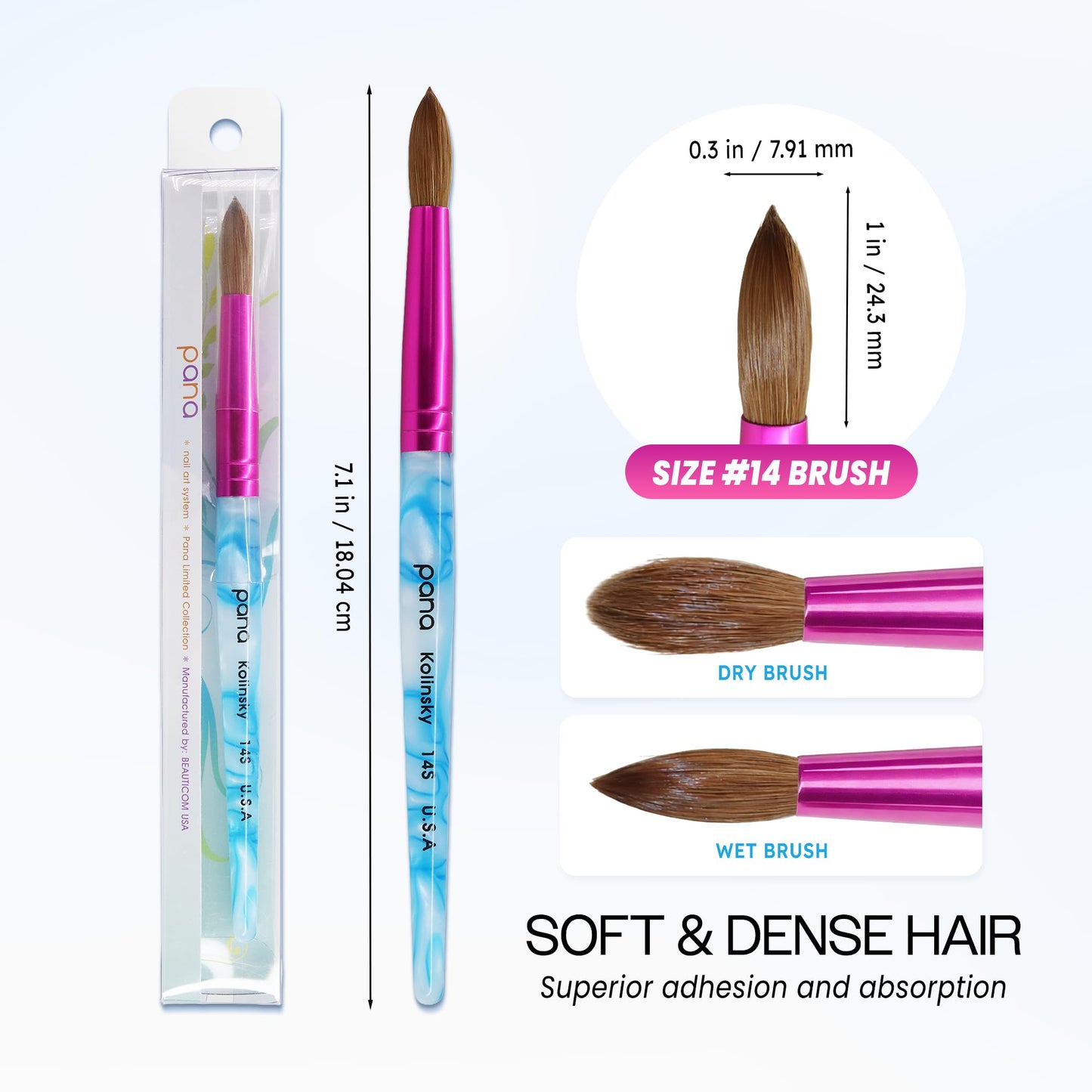 PANA Pure Kolinsky Hair Acrylic Nail Brush - Round Shape Pink Ferrule with White Swirl Blue Handle (Size 14) Beauty & Personal Care PANA