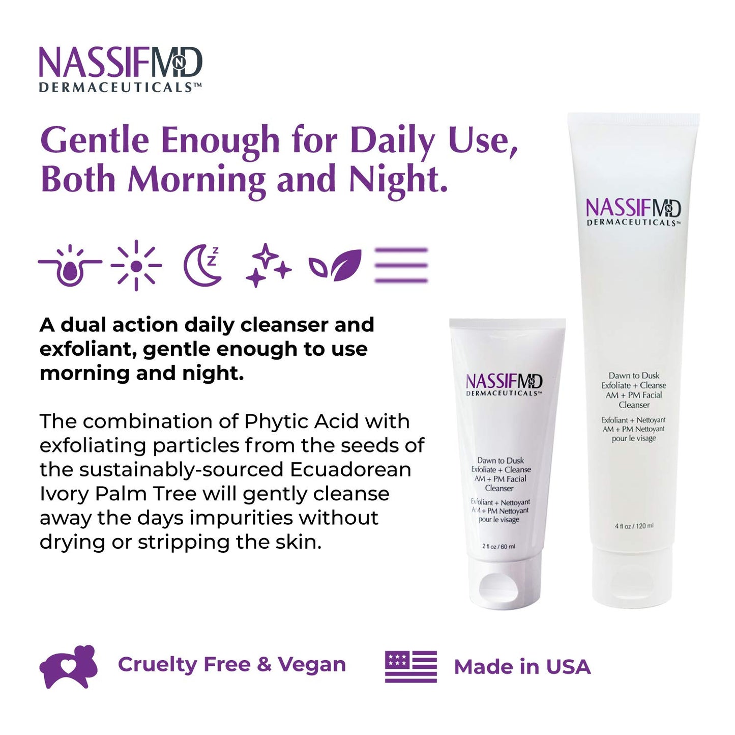 NassifMD Dawn to Dusk Foaming Facial Cleanser Vegan Cleanser Face Wash for Women, Gentle and Hydrating Cream Wash for Dry or Oily Skin, Hydrating