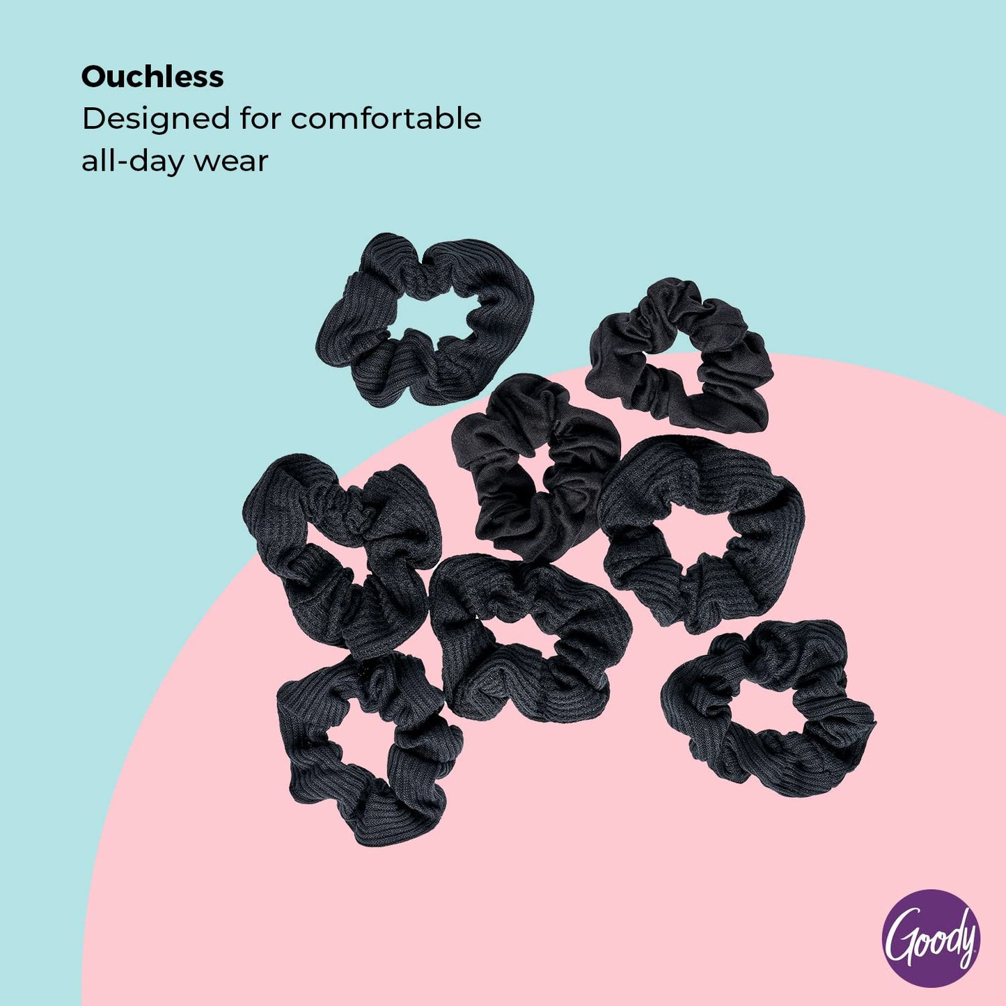 Goody Ouchless Scrunchies, 8 Count Black, Perfect Stocking Stuffer & Holiday Gift for Women & Girls, Gentle No-Damage Hair Accessories with Secure