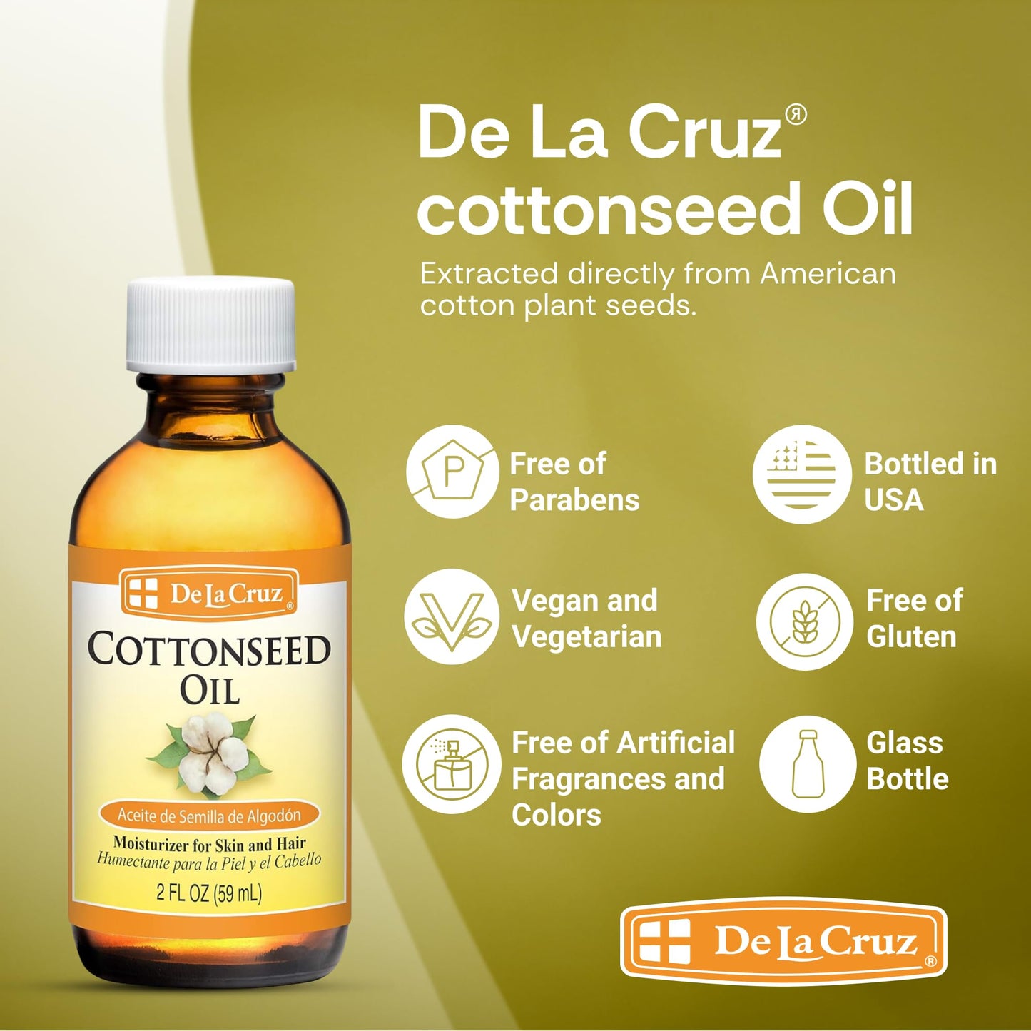 De La Cruz Cottonseed Oil - Moisturizer for Skin and Hair - Multipurpose Carrier Oil - 2 Fl OZ (1 Bottle)