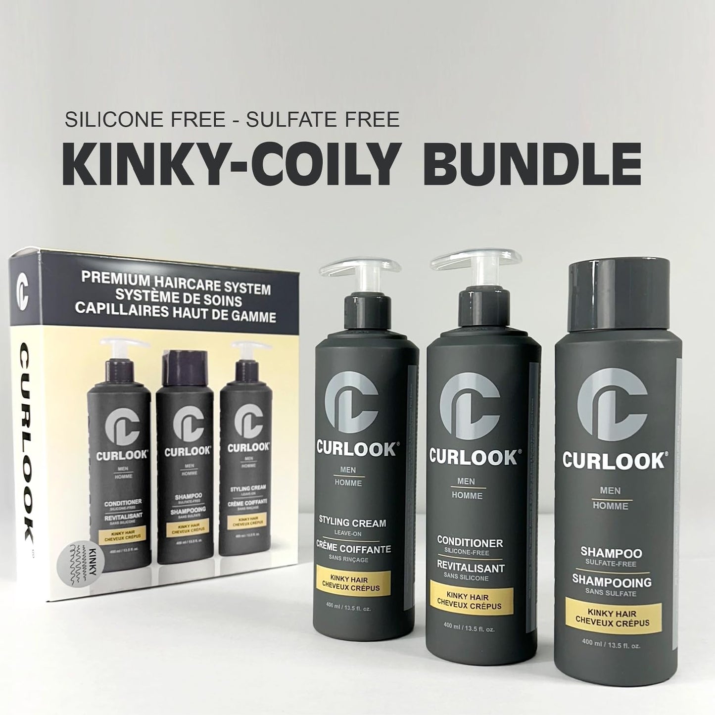 Curlook Kinky-Coily Package | Sulfate-Free, Silicone-Free Shampoo, Conditioner & Leave-In Styling Cream Set for Men | 400ml (13.5 oz) Each Bottle |
