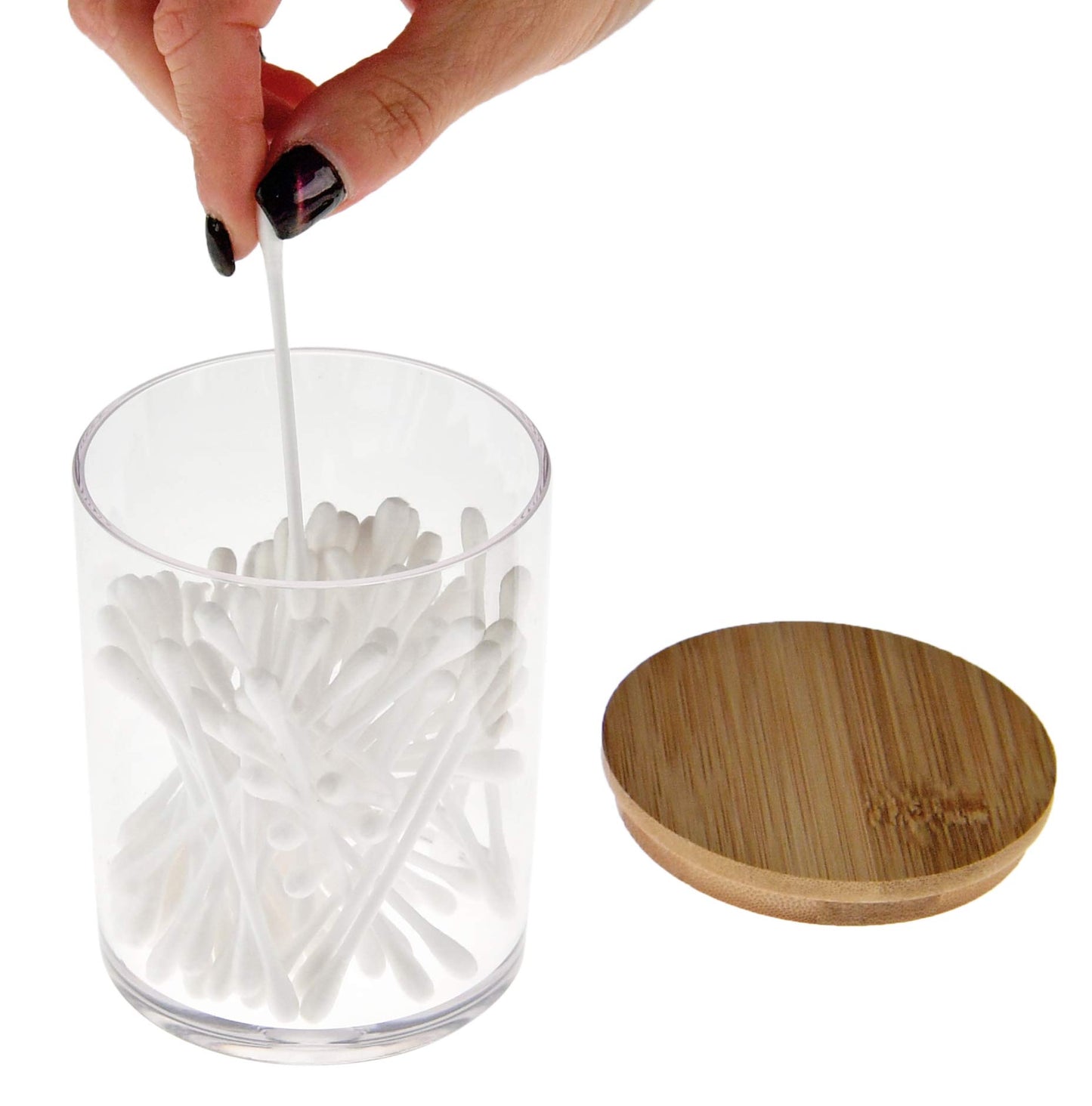 ARAD 3 Pcs Cotton Ball, Swab, Q-tip Storage, Clear Acrylic Jar Container with Bamboo Lid, Easy Organization on Bathroom Counters, Under Sink Placement