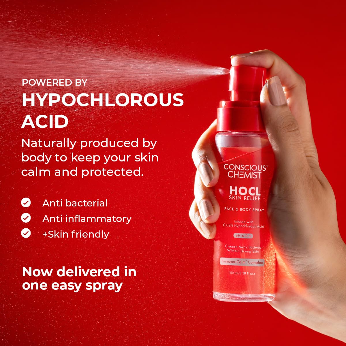 Conscious Chemist HOCL Skin Relief Face & Body Spray Soothing & Repairing Toner Hypochlorous Acid Mist for Quick Relief from Body Odour,Acne, Redness