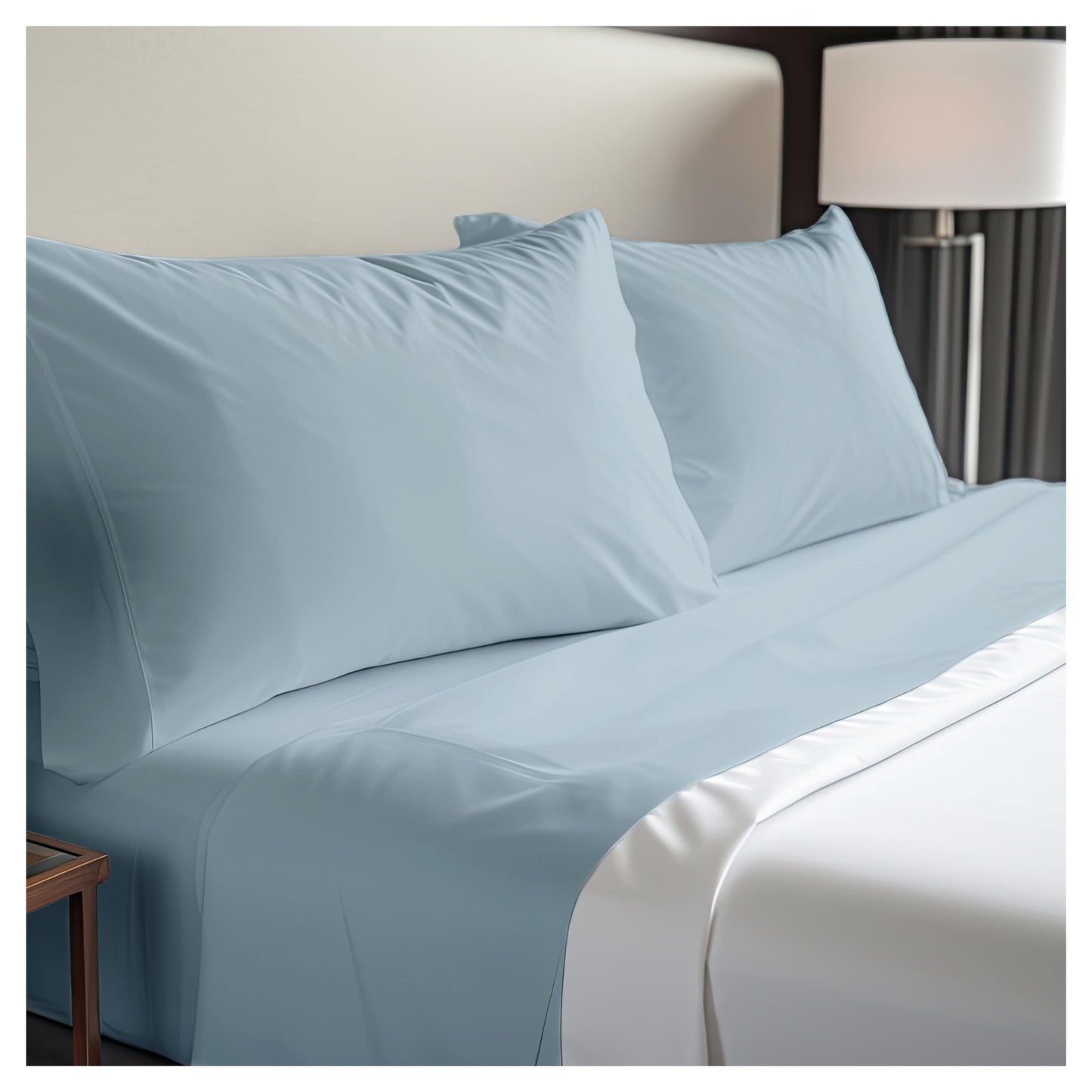 Dwell Studios Luxe Comfort: 400TC Cotton Sateen Weave Queen Sheet 4 Pc Set - Extra Deep Pocket - Fits 18" Mattresses - Blue, Queen