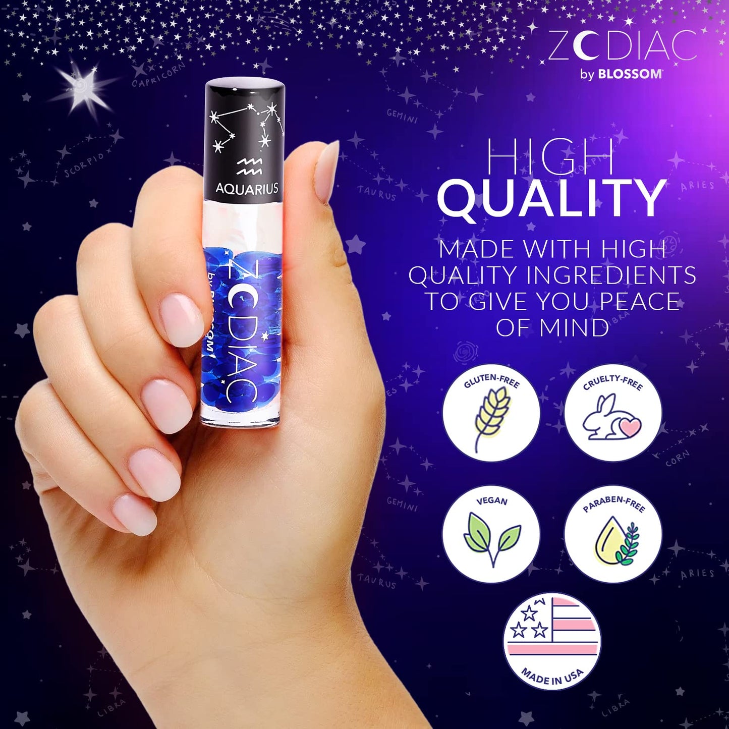 Blossom Lip Gloss Zodiac Sign Vanilla Scented Roll-On Lip Gloss, Moisturizing + Hydrating with Zodiac Crystals, Made in USA, 0.20oz, Aquarius