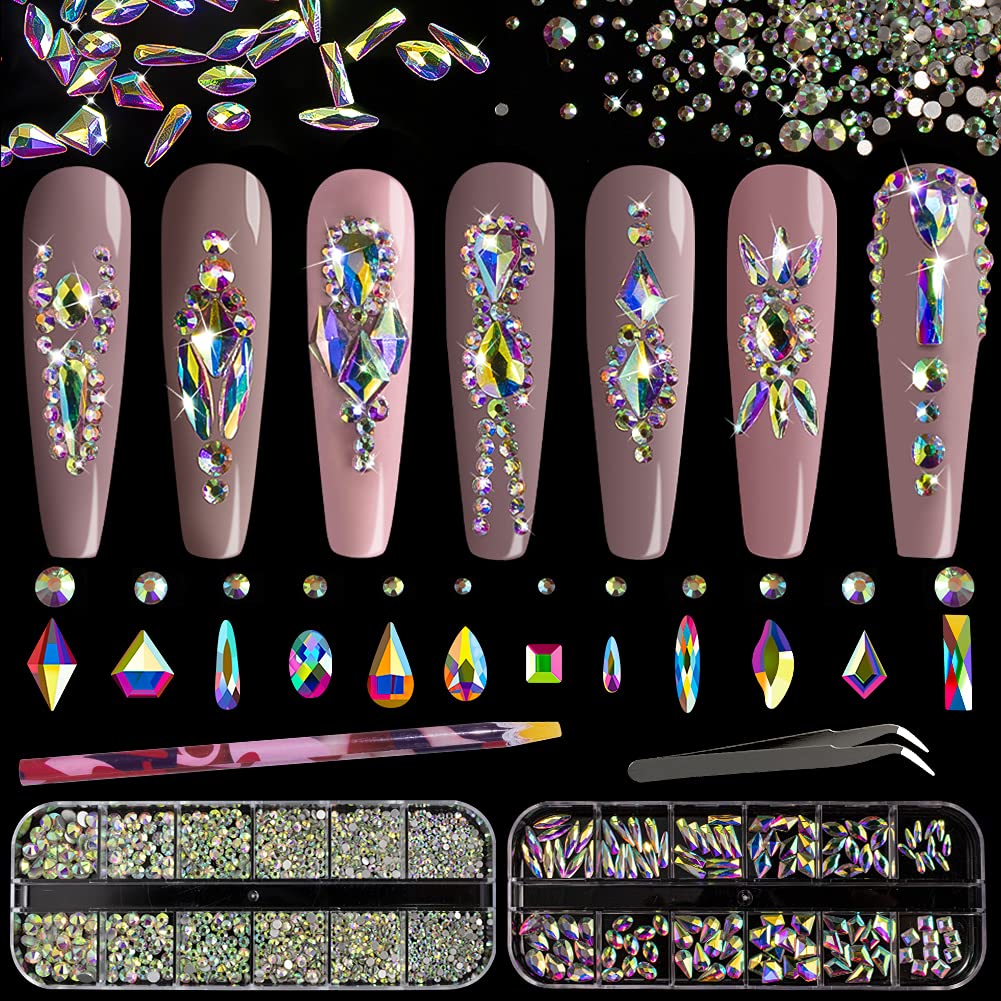 Multi Shapes 3D Glass AB Crystal Nail Art Rhinestones Kit with Flatback Round Bead Charm Gem Stone Jewelry Diamond with Pickup Pen + Tweezer