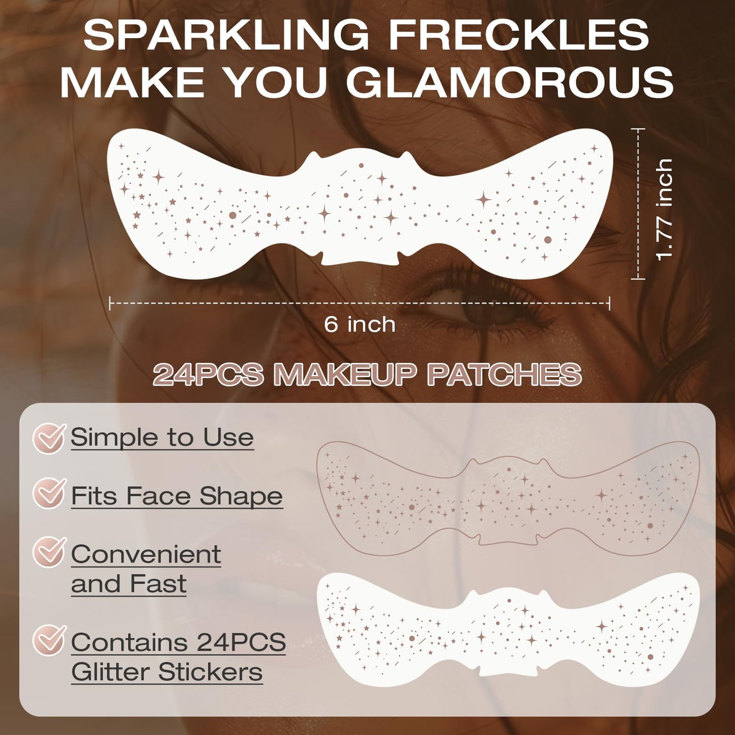 Leterly 24 Pcs Glitter Freckles Face Tattoo,Brown Face Glitter Makeup Patches Cute Sparkle Freckles Patches Waterproof Makeup Speckles for Face