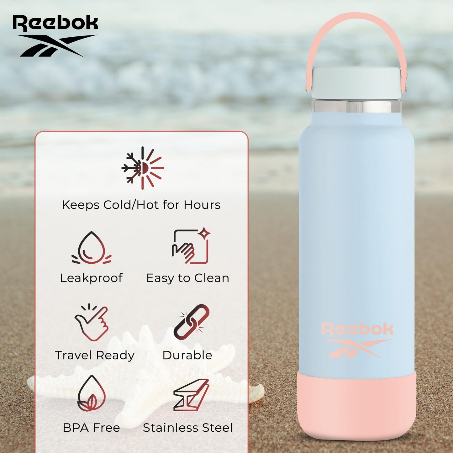 Reebok Stainless Steel Wide Mouth Water Bottle With Flex Cap For Outdoor - 32 oz - Double Wall Vacuum Insulated Sports Water Bottle With Silicone